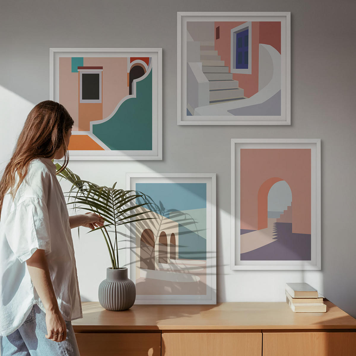 BILDER SET 4er Set - 50x50 cm & 40x60 cm Weißer Rahmen - Minimalistische Pastellgrafiken - Weiß, Kunststoff (50/50cm) - TULUP