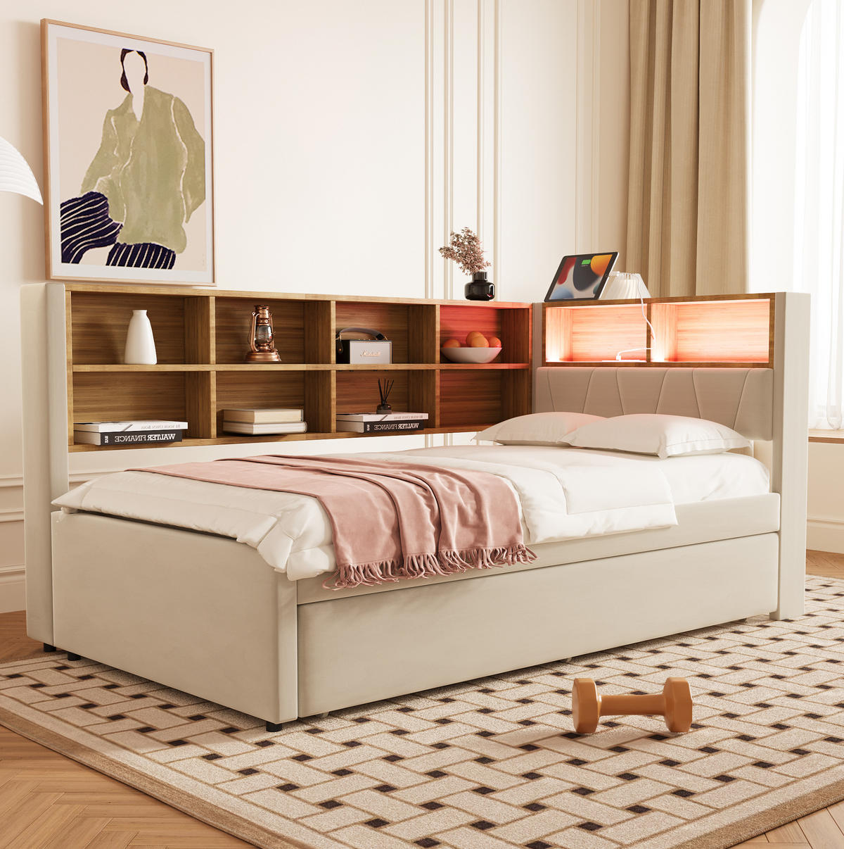 POLSTERBETT mit LED-Beleuchtung 90/200 cm mit Ausziehbett und Stauraum - Beige, Textil (90/200cm) - BEAOK