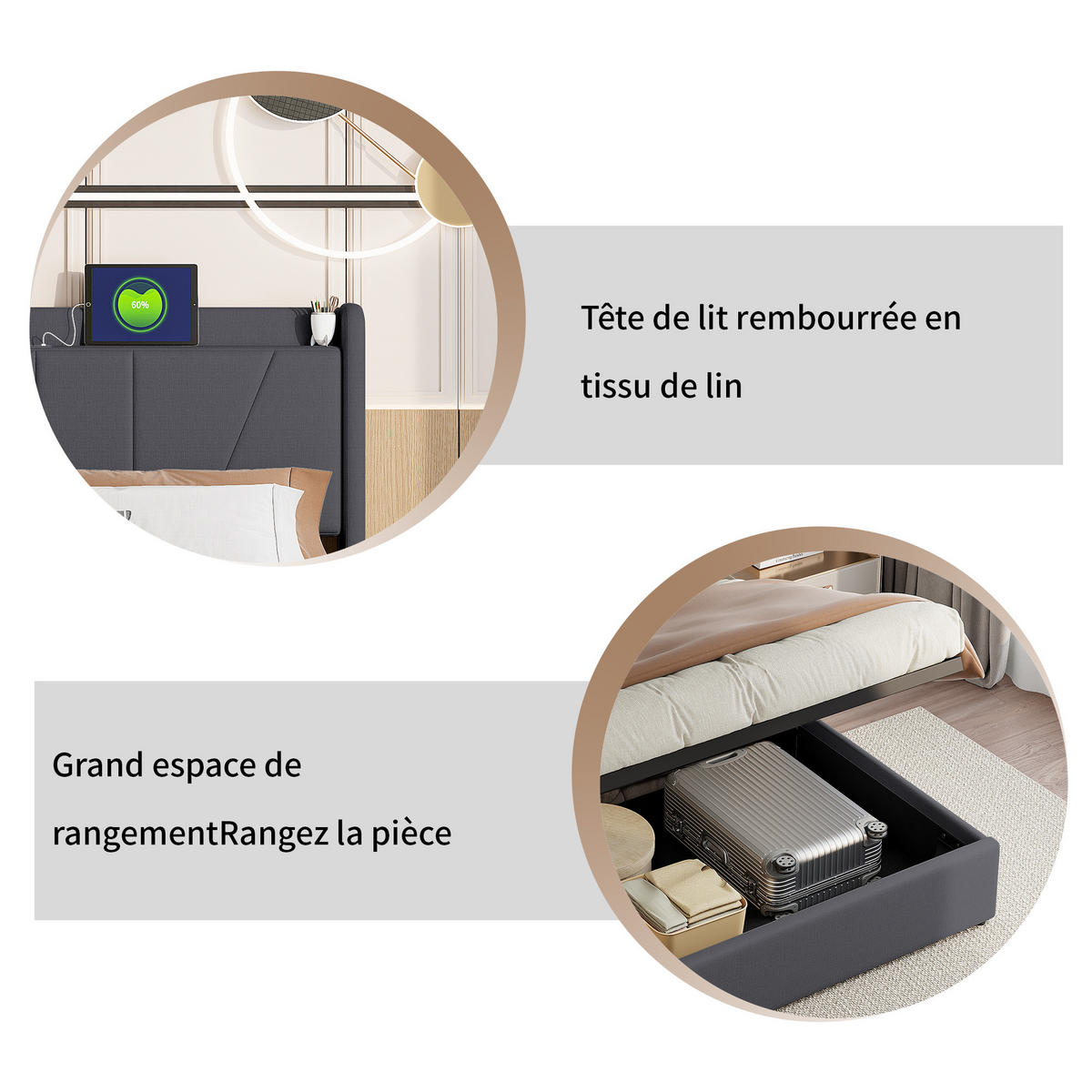 POLSTERBETT 140x200 cm, Grau, LED-Beleuchtung und USB - Grau, Textil/Metall (140/200cm)