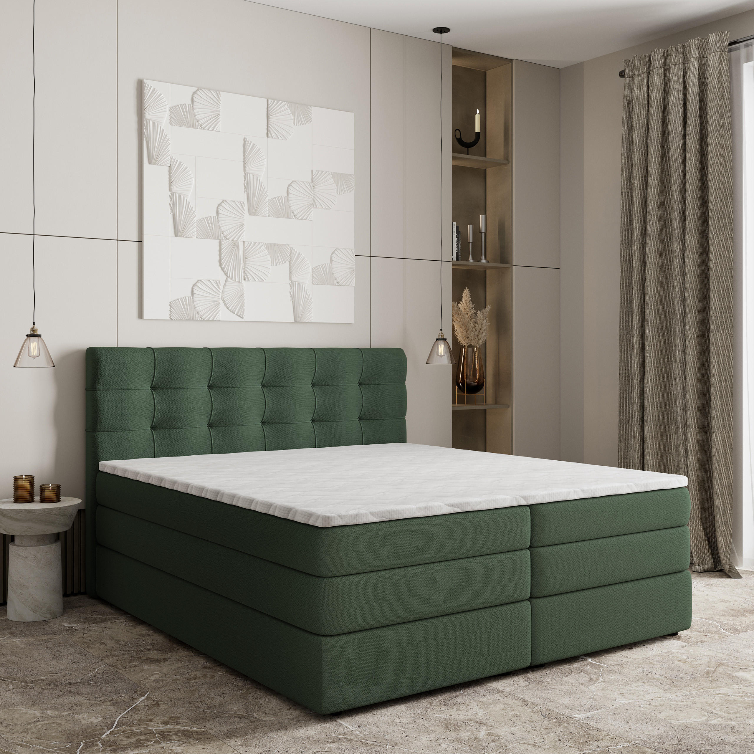 BOXSPRINGBETT AREZI 160x200 cm mit Matratze und Topper - Grün - Grün, Holz (160/200cm) - MASSENO