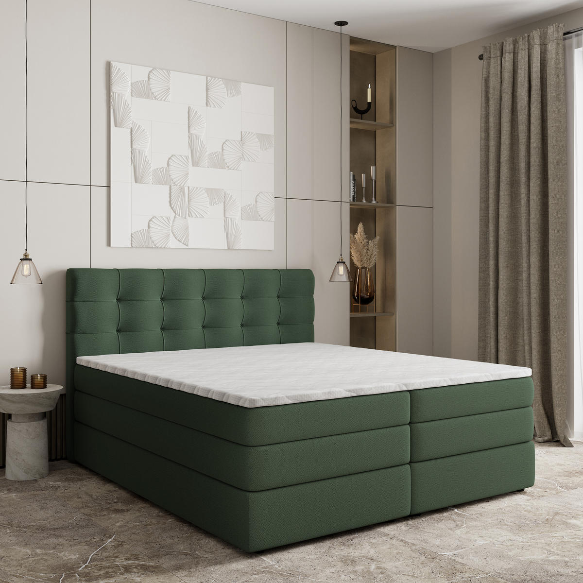 BOXSPRINGBETT AREZI 180x200 cm mit Matratze und Topper - Grün - Grün, Holz (180/200cm) - MASSENO
