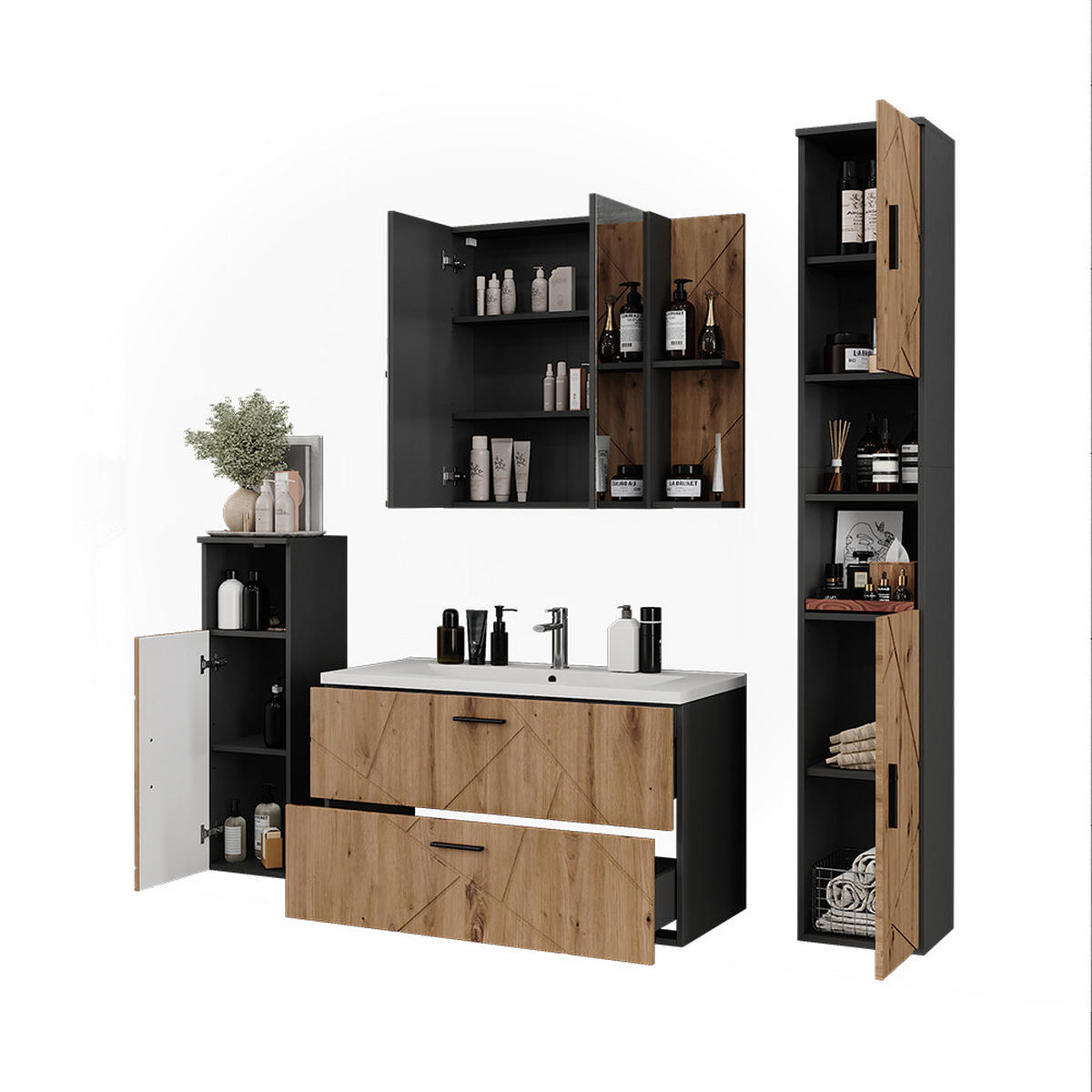 KOUPELNOVÁ SESTAVA NÁBYTKU Irma Antracit - antracitová/dub artisan, kompozitní dřevo (100/57/44.6cm) - Vicco