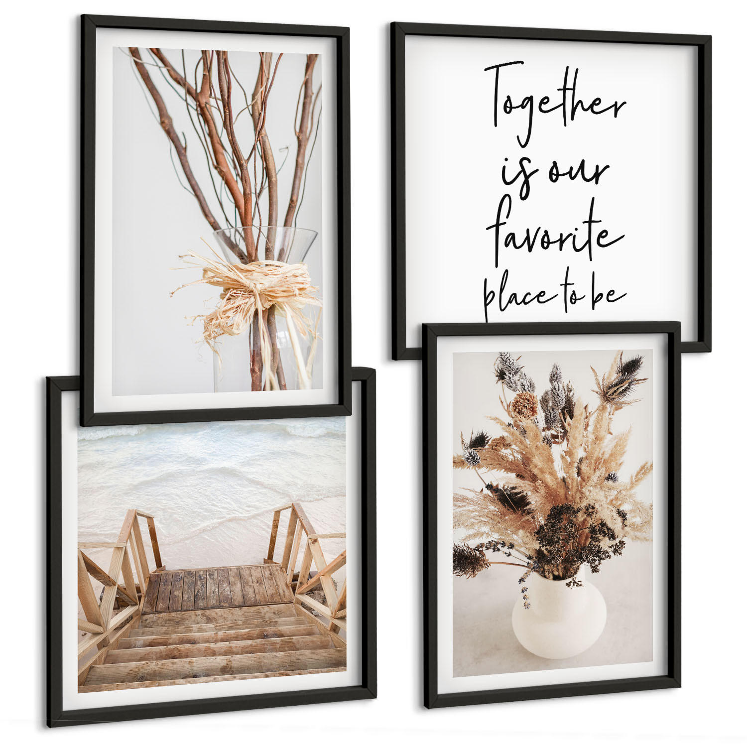 BILDER SET 4er Set - 50x50 cm & 40x60 cm Schwarzer Rahmen - Blumenzweige Minimalismus Natur - Schwarz, Kunststoff (50/50cm) - TULUP