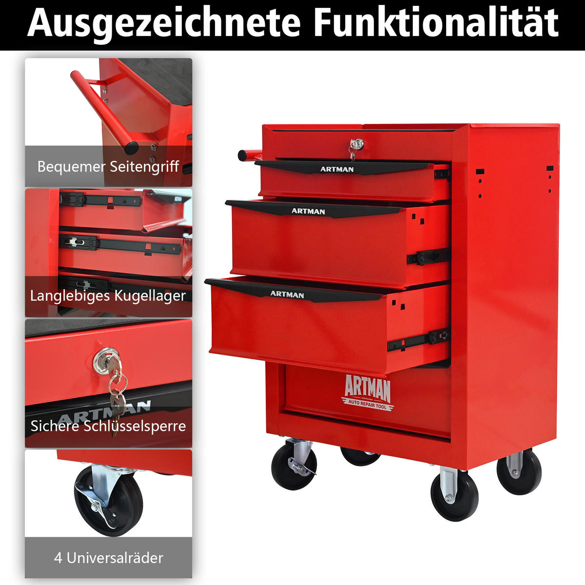 KOMBINATIONSKOFFER – Einheit mit 4 Schubladen, 508 mm (20 Zoll), ausgestattet mit 4 Schubladen, Farbgebung in Rot und Schwarz. - Multicolor, Metall (33/77.5/60cm) - DCA