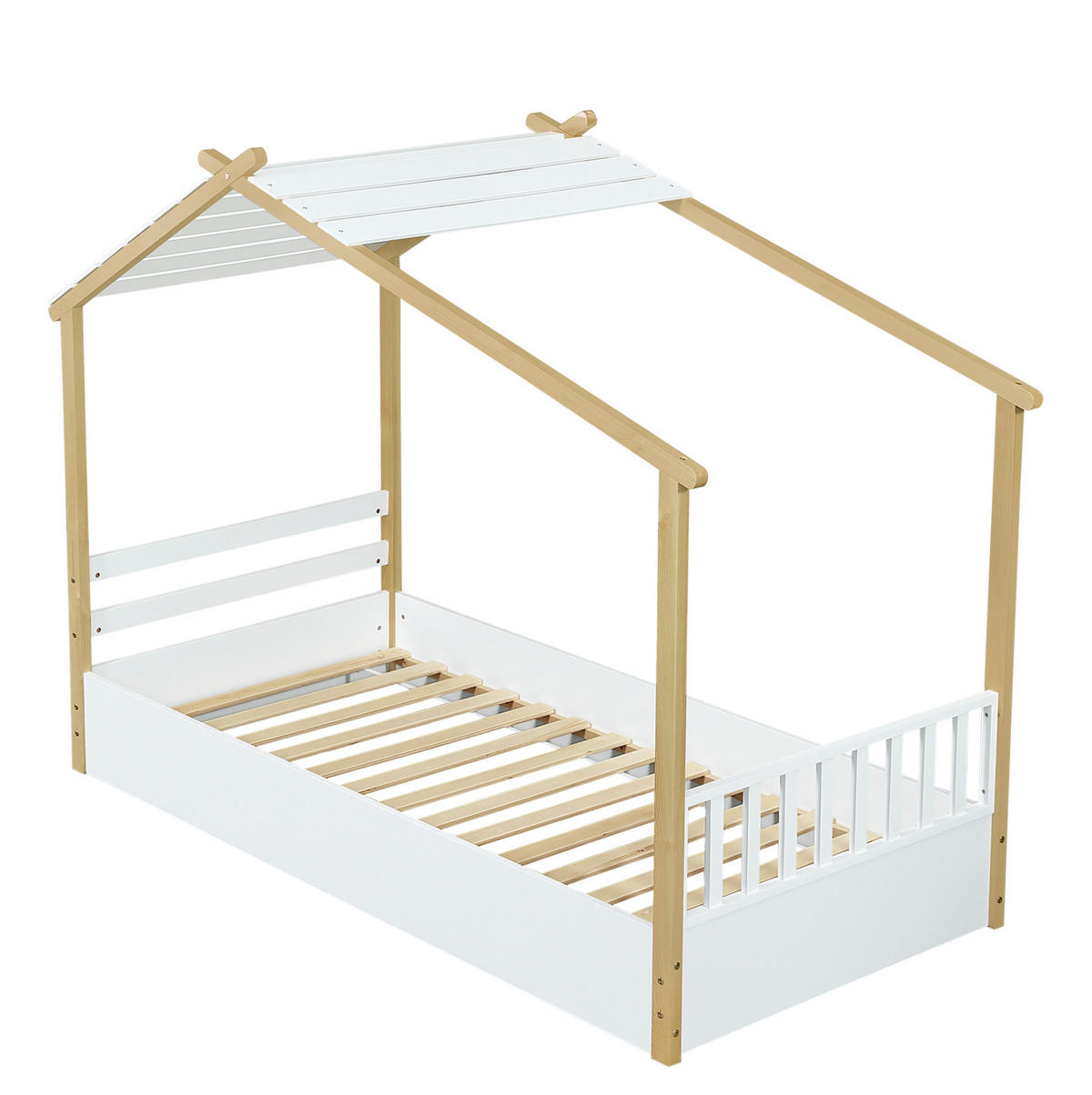 KINDERBETT 90/190 cm mit Hausdesign und stabilem Lattenrost aus Kiefer, MDF und Spanplatte, Weiß/Natur - Weiß, Holz (90/200cm) - Redom