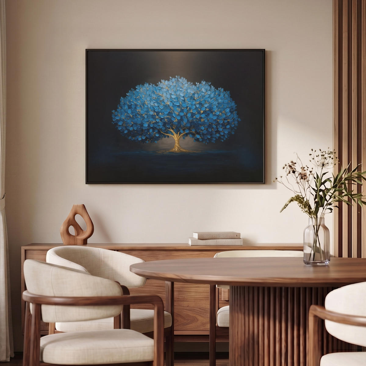 LEINWAND Bilder mit Rahmen - Baum - Blau - Blätter - Pinselstriche - 100x70 - Blau, Textil (100/70cm) - MuchoWow