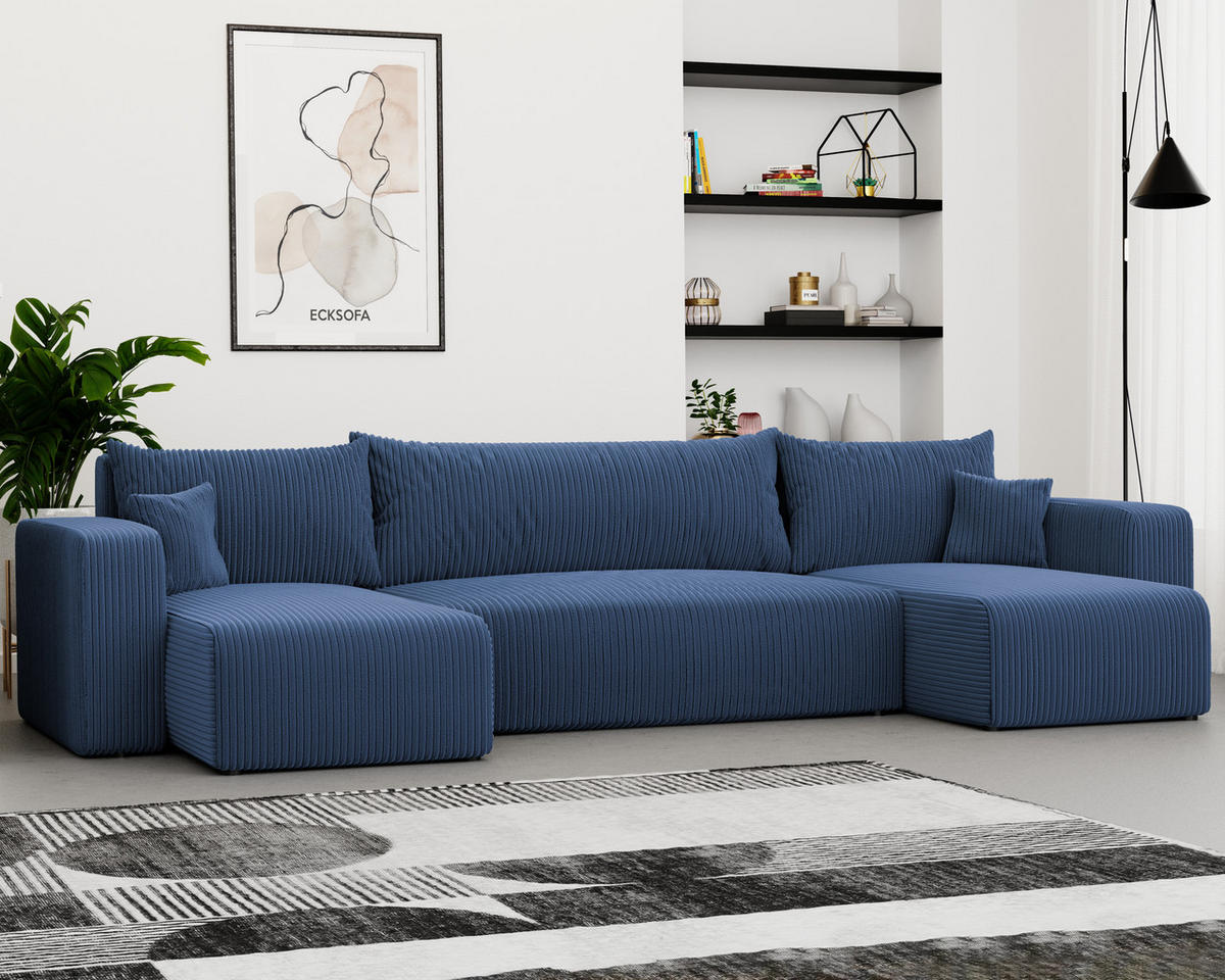 WOHNLANDSCHAFT mit Schlaffunktion und Bettkasten, Blau - Blau/Schwarz, Kunststoff/Textil (318/79/145cm) - Idohome