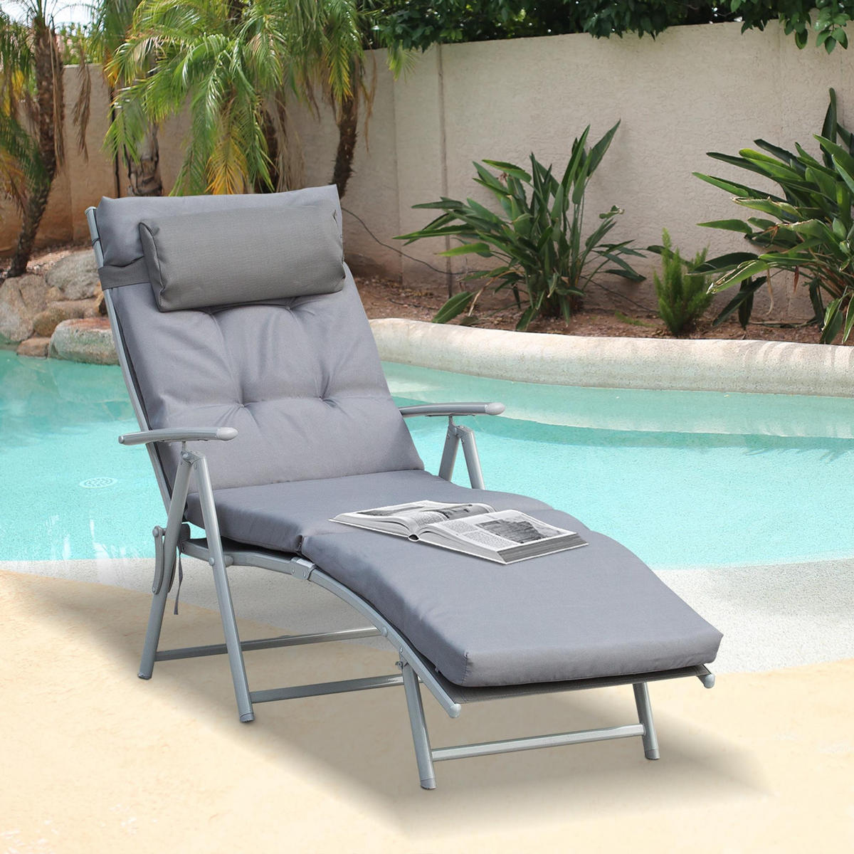 SONNENLIEGE Strandliege Gartenliege 7-stufig Verstellbar Klappbar Metall Grau - Grau, Kunststoff (63/5/137cm) - Outsunny