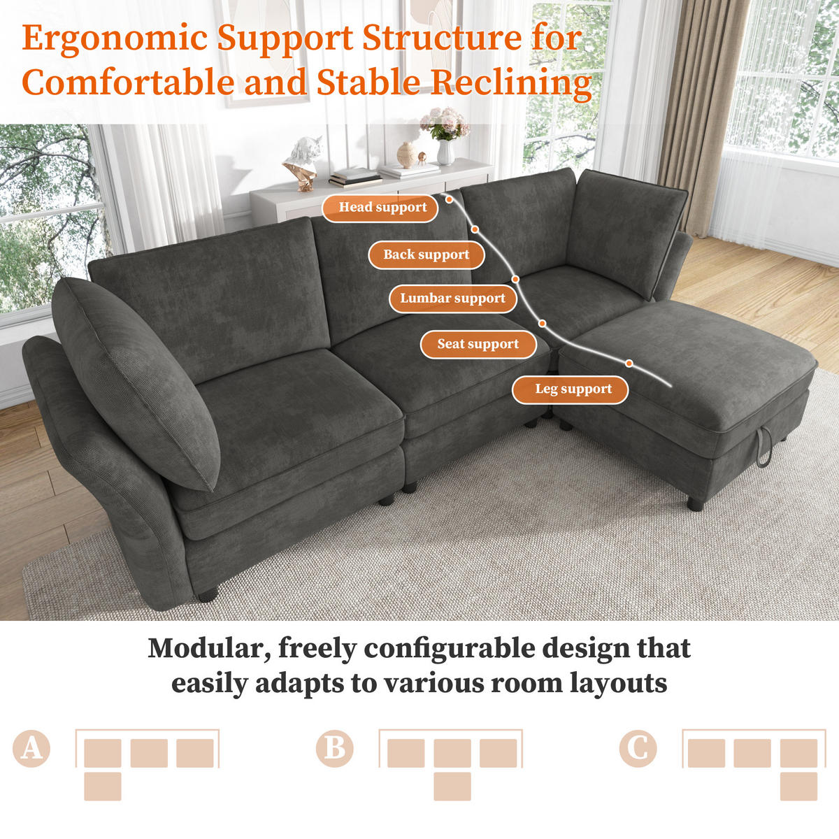 KUTNA SOFA s 4 sjedala u sivoj boji s tabureom sa spremnikom, od šenila - siva/crna, drvni materijal/tekstil (225/137cm) - CHICFURN