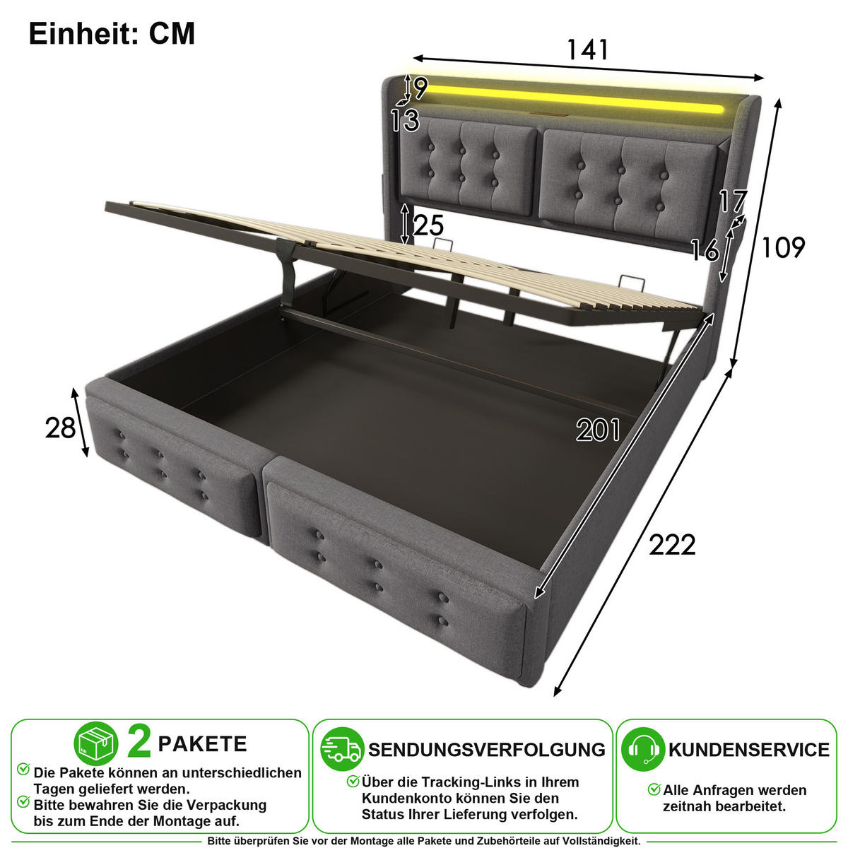 POLSTERBETT 140/200 cm in Grau mit Bettkasten, LED, USB und Type-C Baumwoll-Leinenstoff - Grau, Holzwerkstoff/Textil (140/200cm) - CHICFURN