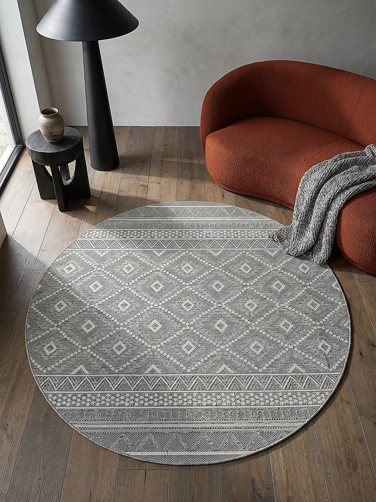 TEPPICH Flachgewebe ESERA Ethno-Rauten Polypropylen Grau 120 x 120 cm - Grau, Textil (120/120cm) - KADIMA DESIGN