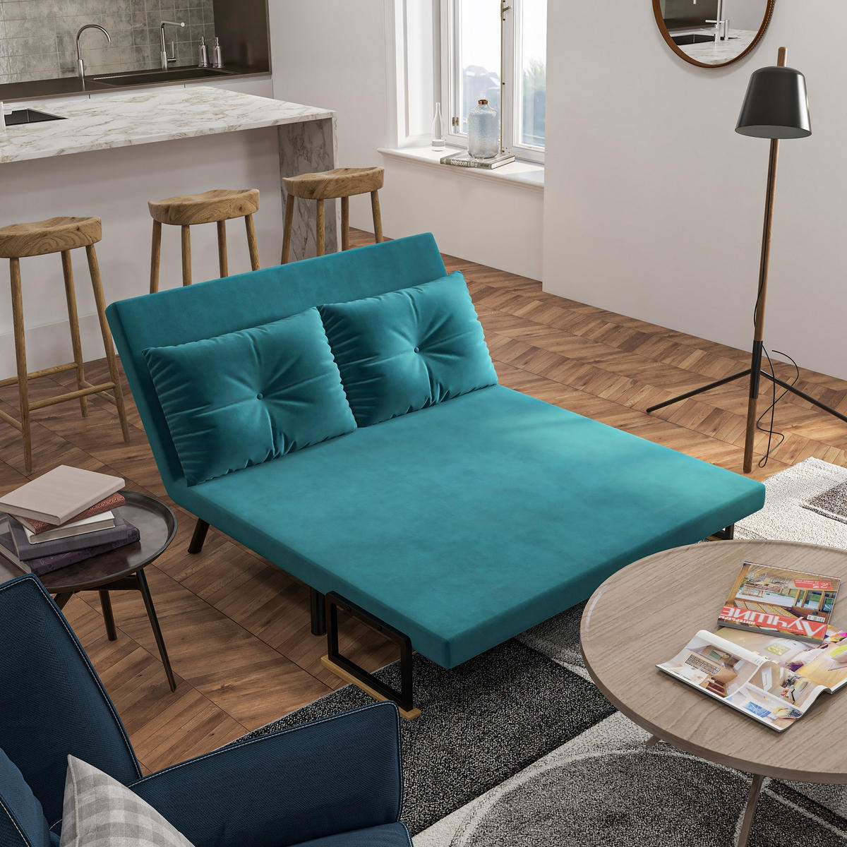 SCHLAFSOFA 2er-Sitz DE-14596 5-fach verstellbare Rückenlehne, Samtbezug Dunkelgrün - Grün, Metall (102/81/73cm) - ComfortXL