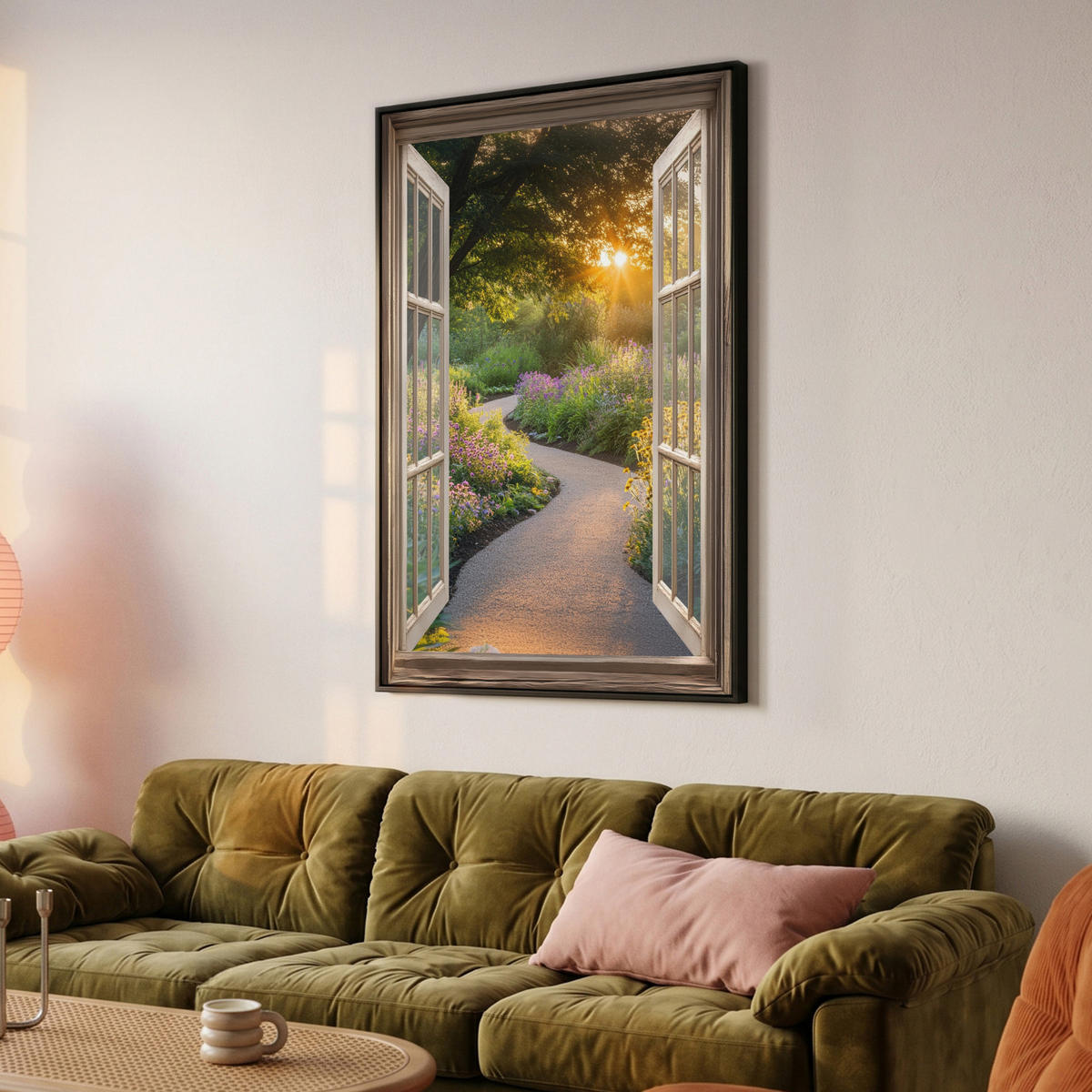 LEINWAND Bilder mit Rahmen - Aussicht - Blumen - Natur - Sonne - Weg - 100x150 - Hellgelb, Textil (100/150cm) - MuchoWow