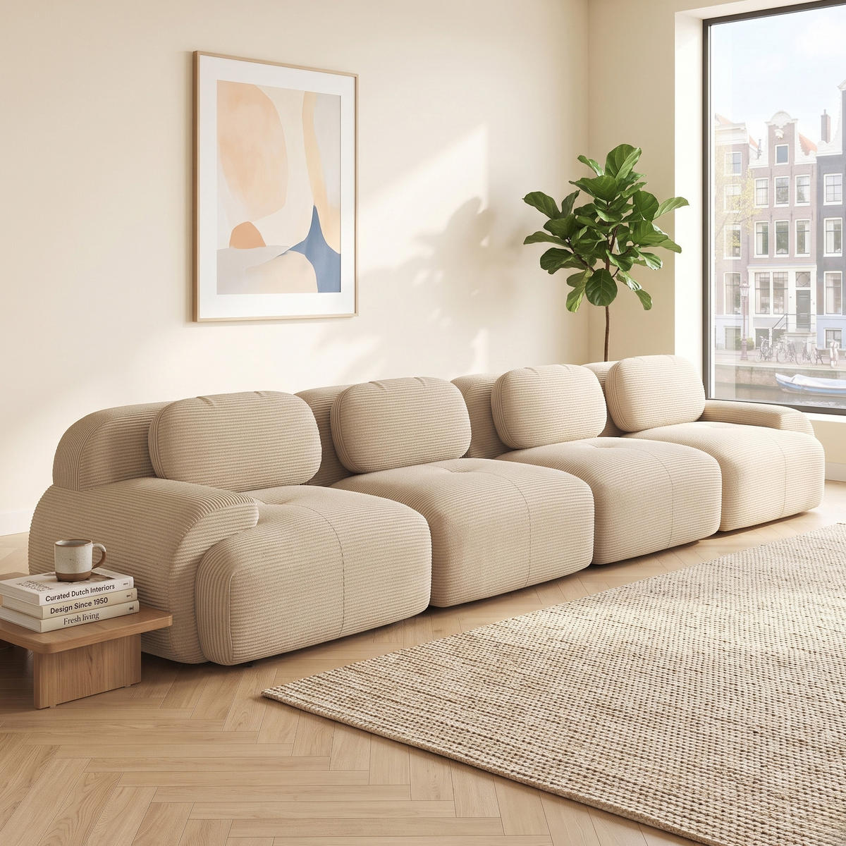 CANAPEA CU 4 LOCURI Canapea modulară Boneless Cord fără cadru - bej, material textil (388/75/103cm) - Urban Meuble