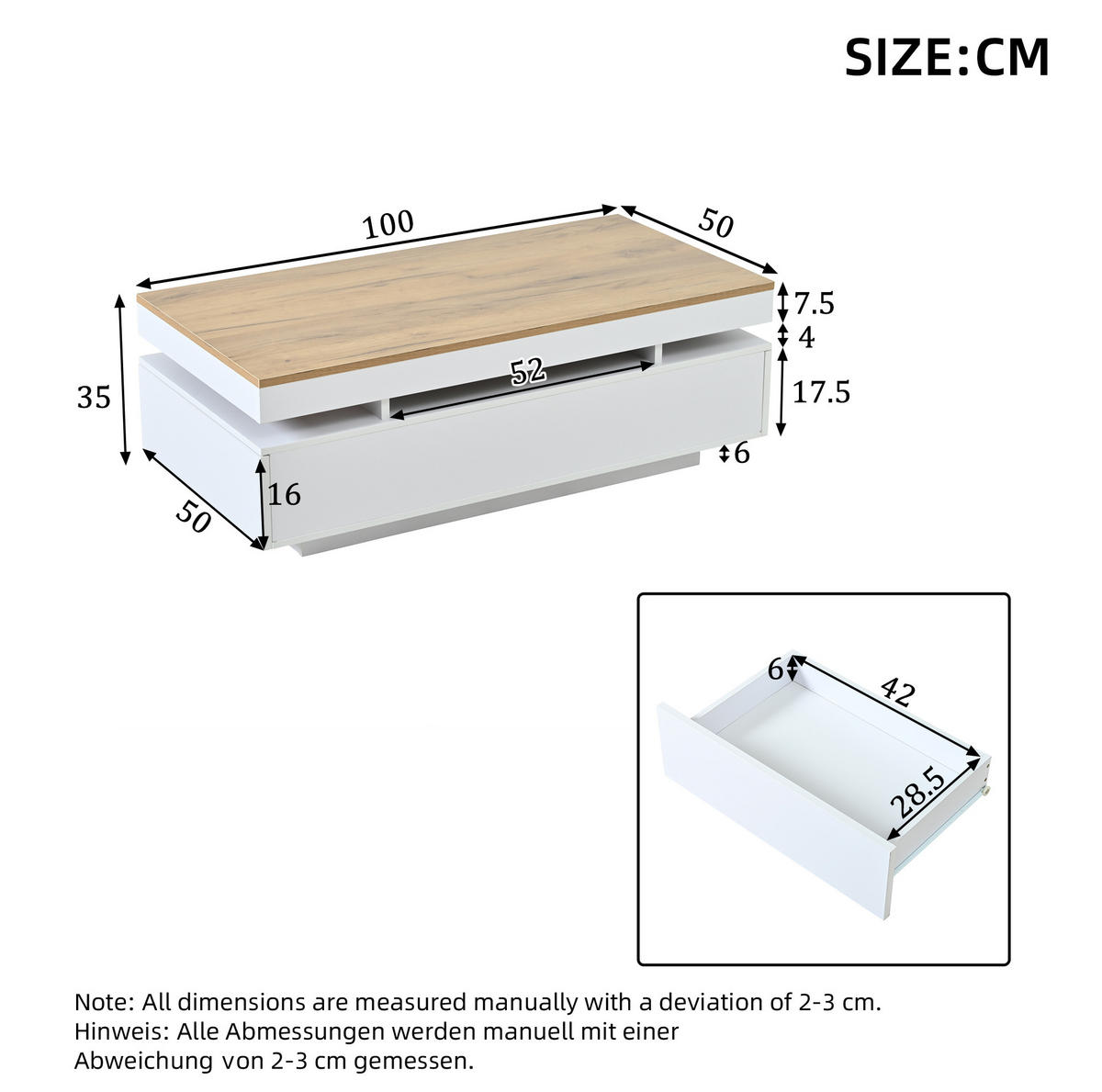 COUCHTISCH aus Spanplatte 100x50x35 cm Weiß/Holzton mit 2 Schubladen und LED-Beleuchtung - Weiß, Holzwerkstoff (100/50/35cm) - IVMEU