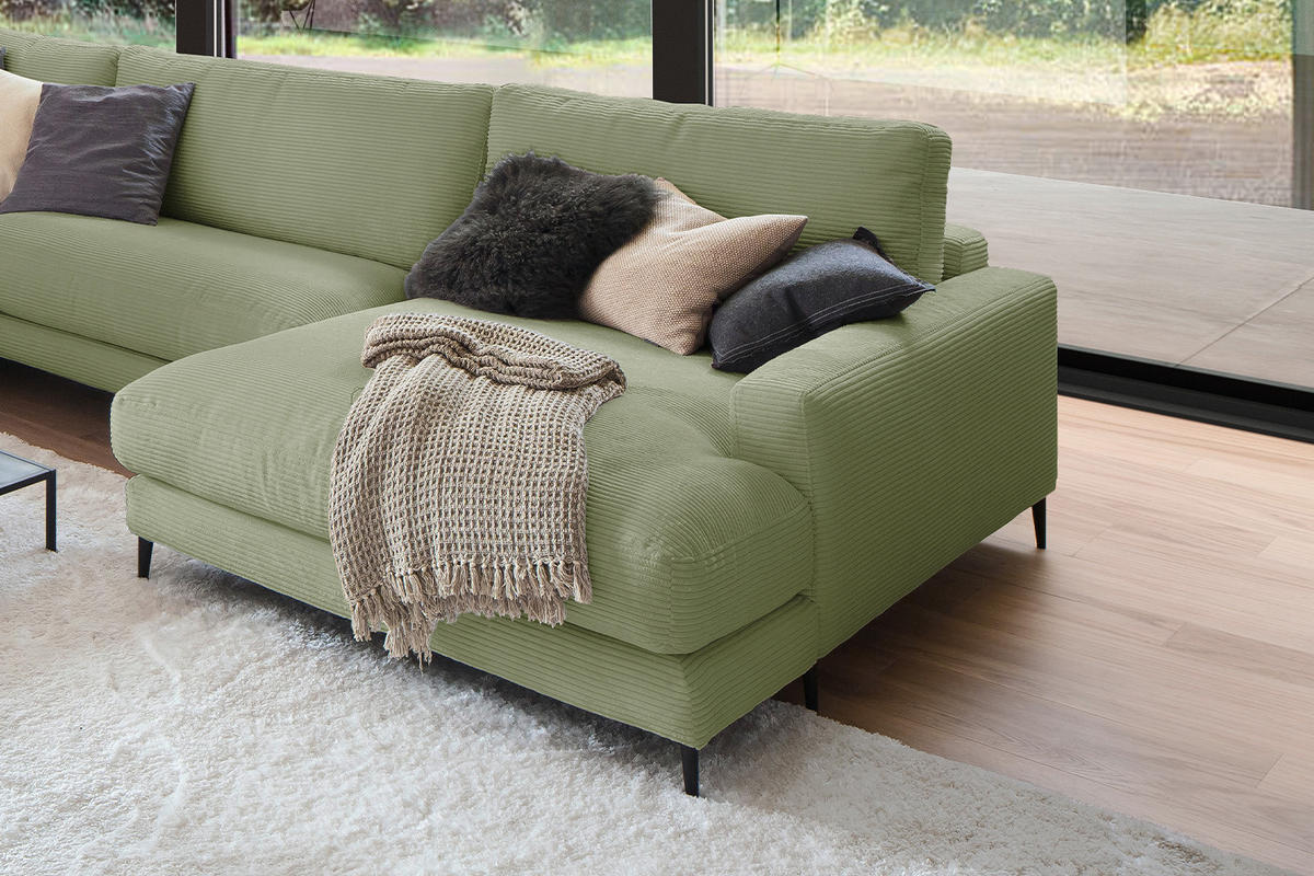 WOHNLANDSCHAFT CARA Grün Cord - Schwarz/Grün, Textil (341/84/223cm) - KAWOLA