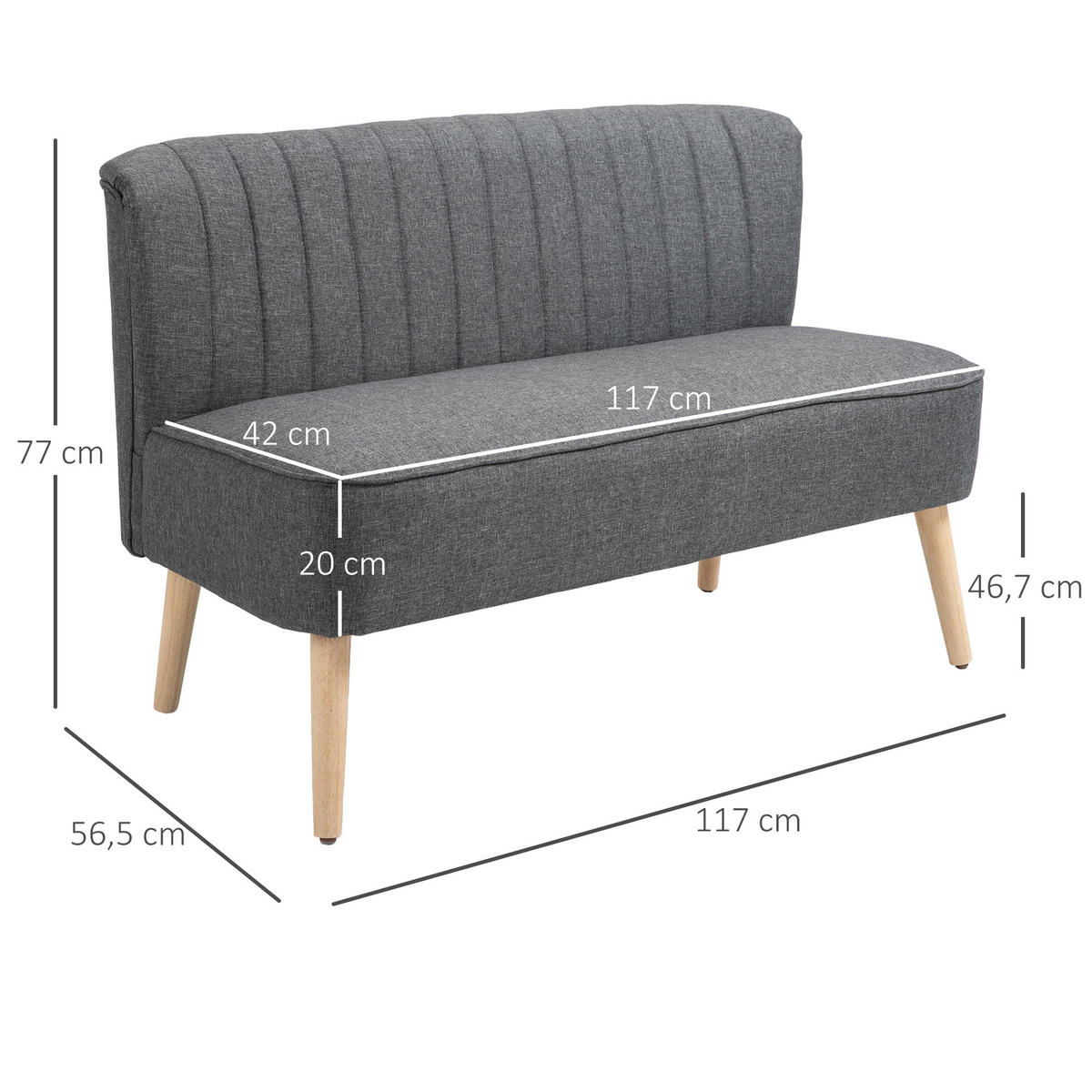 SOFA 2-Sitzer Couch Stoffsofa Sitzmöbel Polstersofa Loungesofa breit Dunkelgrau - Dunkelgrau/Naturfarben, Holz/Textil (56.5/77/117cm) - HOMCOM