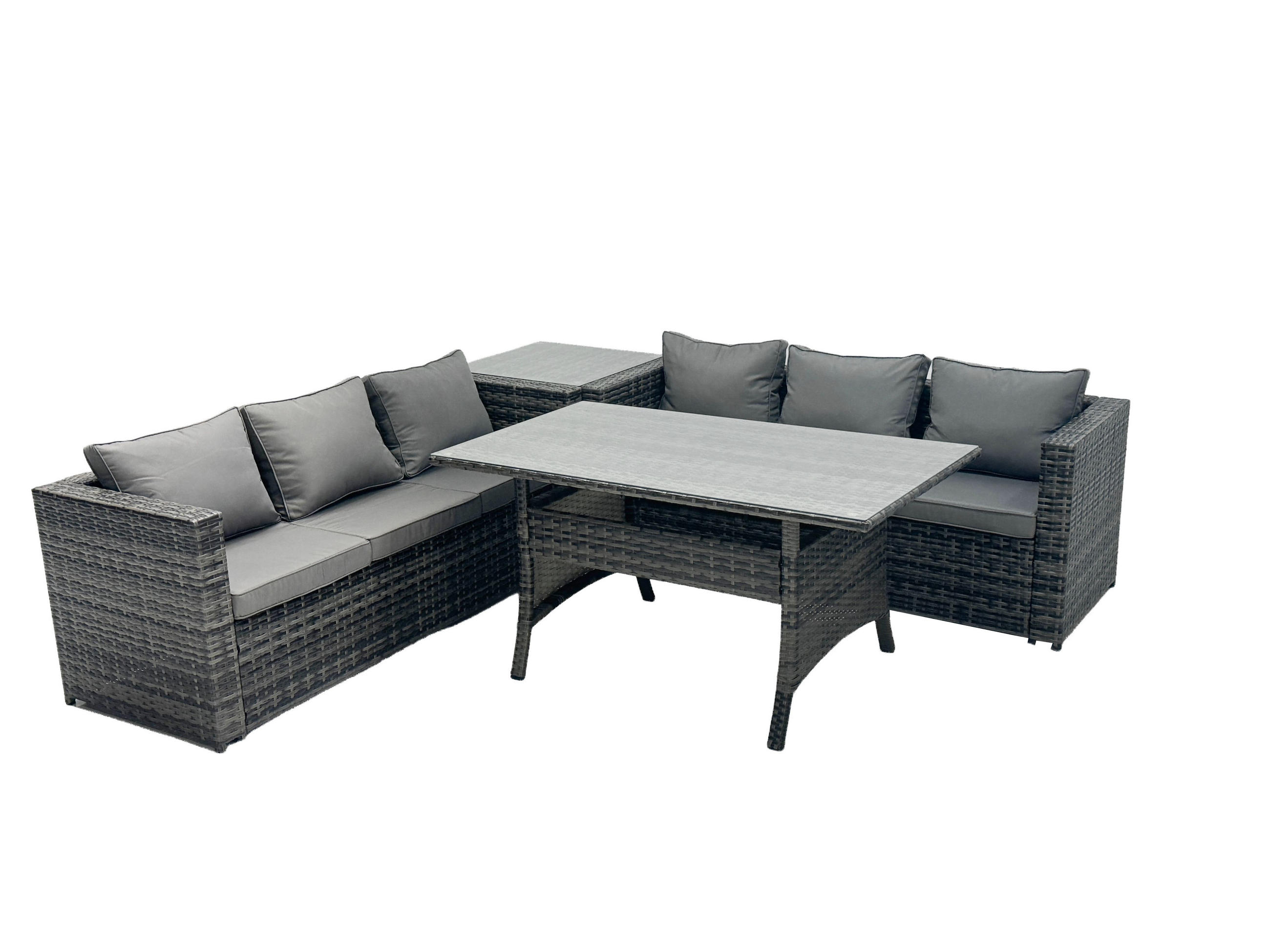 LOUNGEGARNITUR mit Beistelltisch Polyrattan Dunkelgrau 6-Sitzer - Dunkelgrau/Grau, Glas/Kunststoff - Fimous