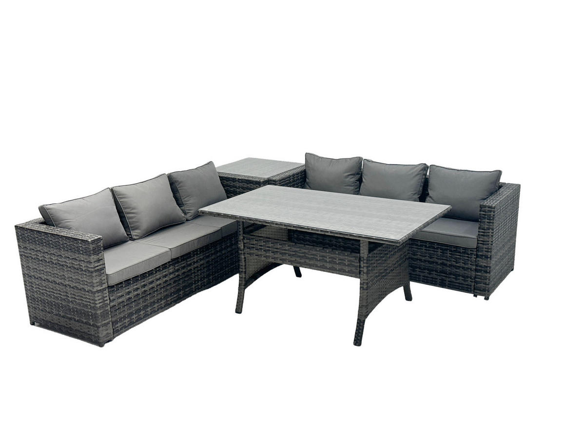 LOUNGEGARNITUR mit Beistelltisch Polyrattan Dunkelgrau 6-Sitzer - Dunkelgrau/Grau, Glas/Kunststoff - Fimous