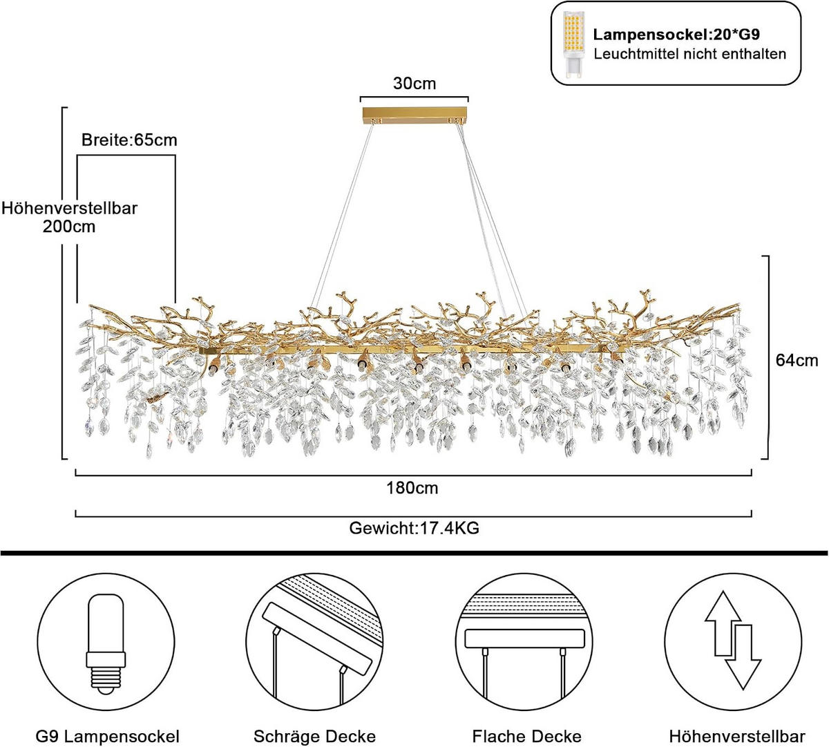 KRONLEUCHTER Rechteck 180 cm K9‑Kristall Baumzweig Gold für Esszimmer und Kücheninsel - Gelb, Naturmaterialien (130/38.5/32cm) - Surtime