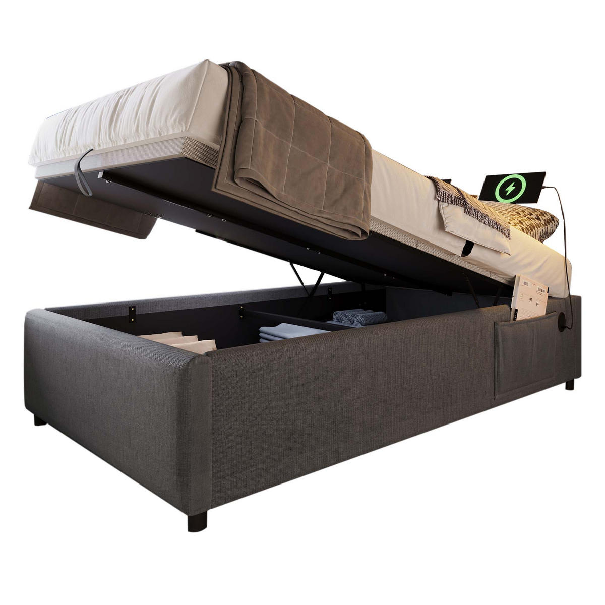 POLSTERBETT 90/200 cm Grau Stauraumbett mit USB- und Type-C-Anschlüssen - Grau, Textil (90/200cm) - OKWISH