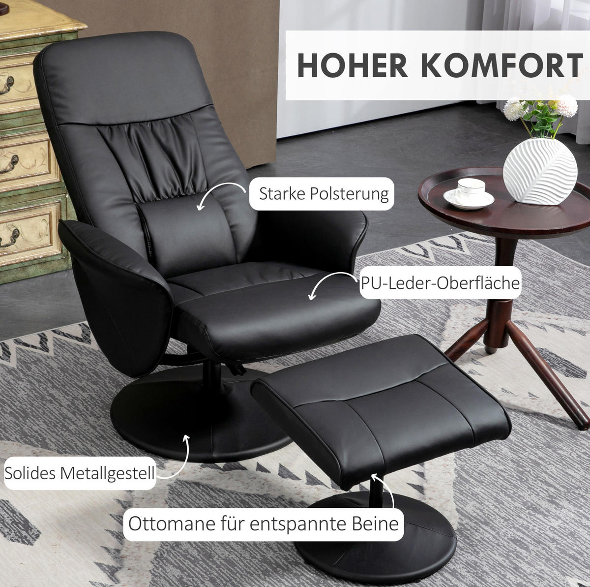 RELAXSESSEL 76/81/101 cm manuell verstellbar mit Hocker und Drehfunktion - Schwarz, Metall (81/101/76cm) - BEAOK