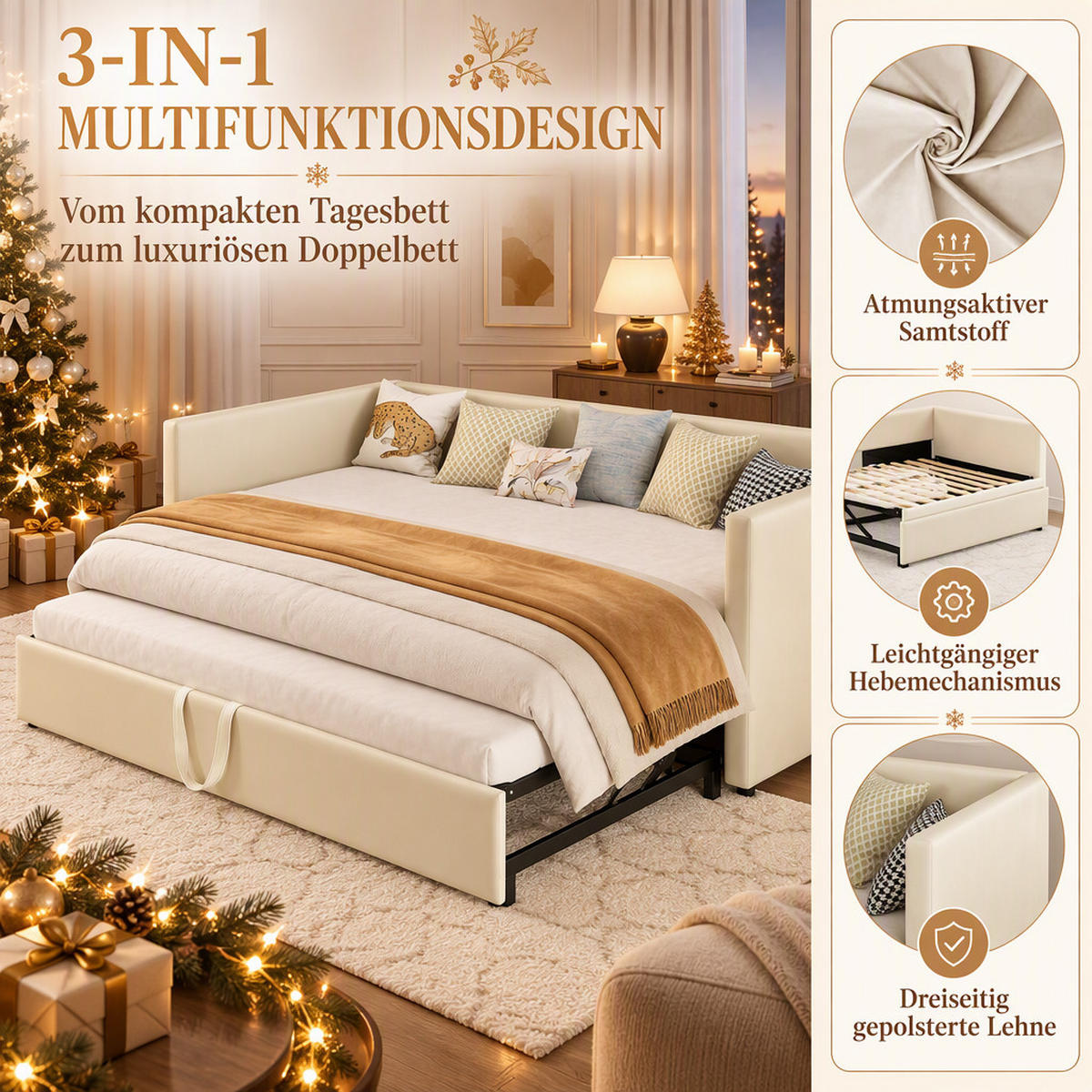 TAGESBETT 90/180/200 cm,Ausziehbar Schlafsofa,Beige - Beige, Holz/Metall (180/200cm) - PARAFTA HOME