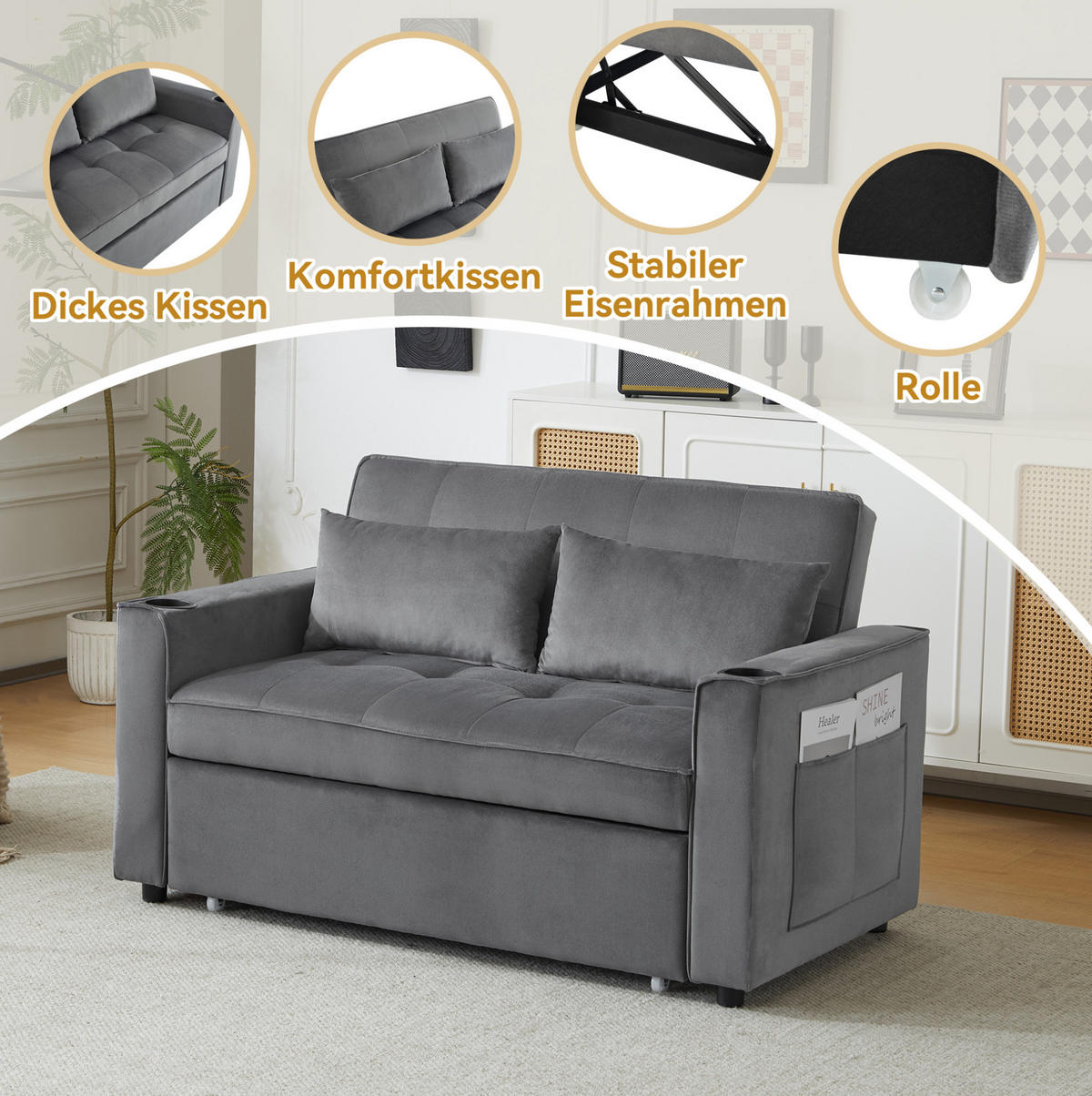 SCHLAFSOFA Samt mit Schlaffunktion und Getränkehaltern Grau 137/76,5/83 cm - Grau, Textil (83/137/76.5cm) - Redom