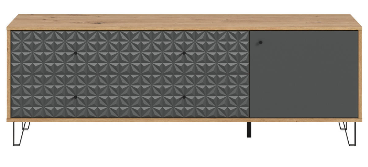 TV-LOWBOARD grau, Eiche Artisan 164 x 56 cm, TV Unterteil mit 3D-Struktur - Schwarz/Eiche Artisan, Holzwerkstoff/Kunststoff (164/56/40cm) - Inn.Furn