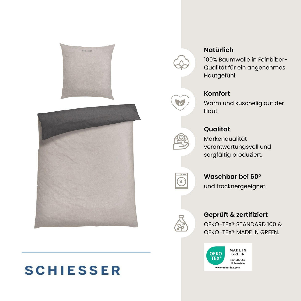 BETTWÄSCHESET Doubleface Feinbiber 2-teilig 135x200 cm Hellgrau-Dunkelgrau - Dunkelgrau, Textil (135/200cm) - SCHIESSER
