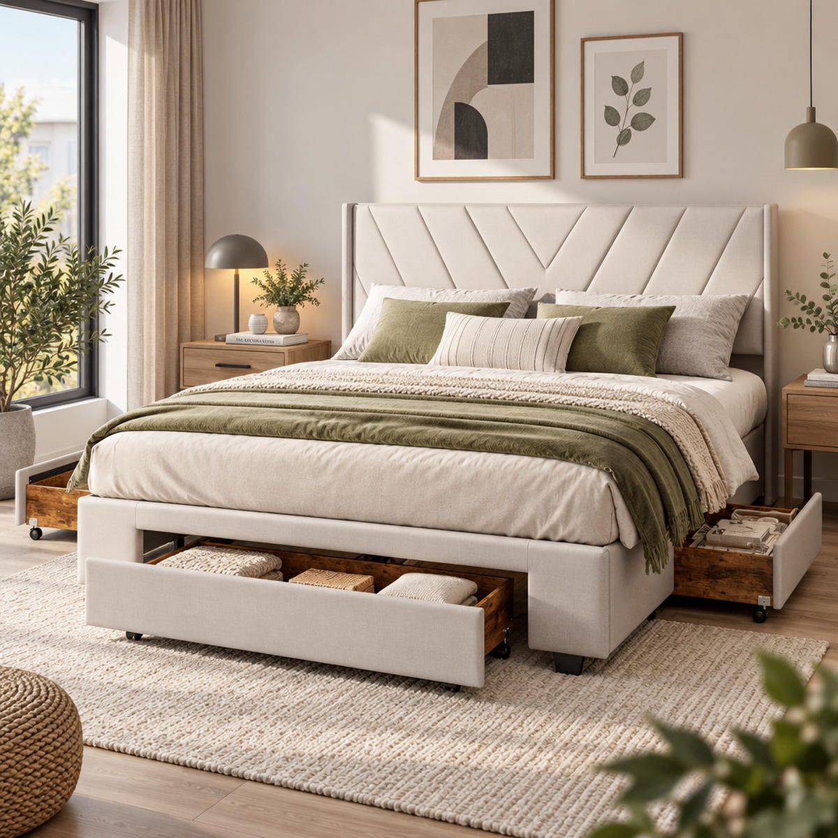 POLSTERBETT，BETT 140/200 cm mit 4 Schubladen aus Leinen in Beige - Naturfarben/Grau, Holz/Textil (140/200cm) - FURNISHINGS HOME