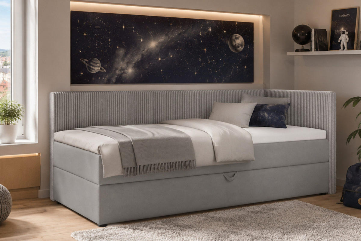 BOXBETT RICO 100/200 in Cord/Velours Hellgrau H3 links - Hellgrau, Holz/Holzwerkstoff (100/200cm) - Deine Möbel 24