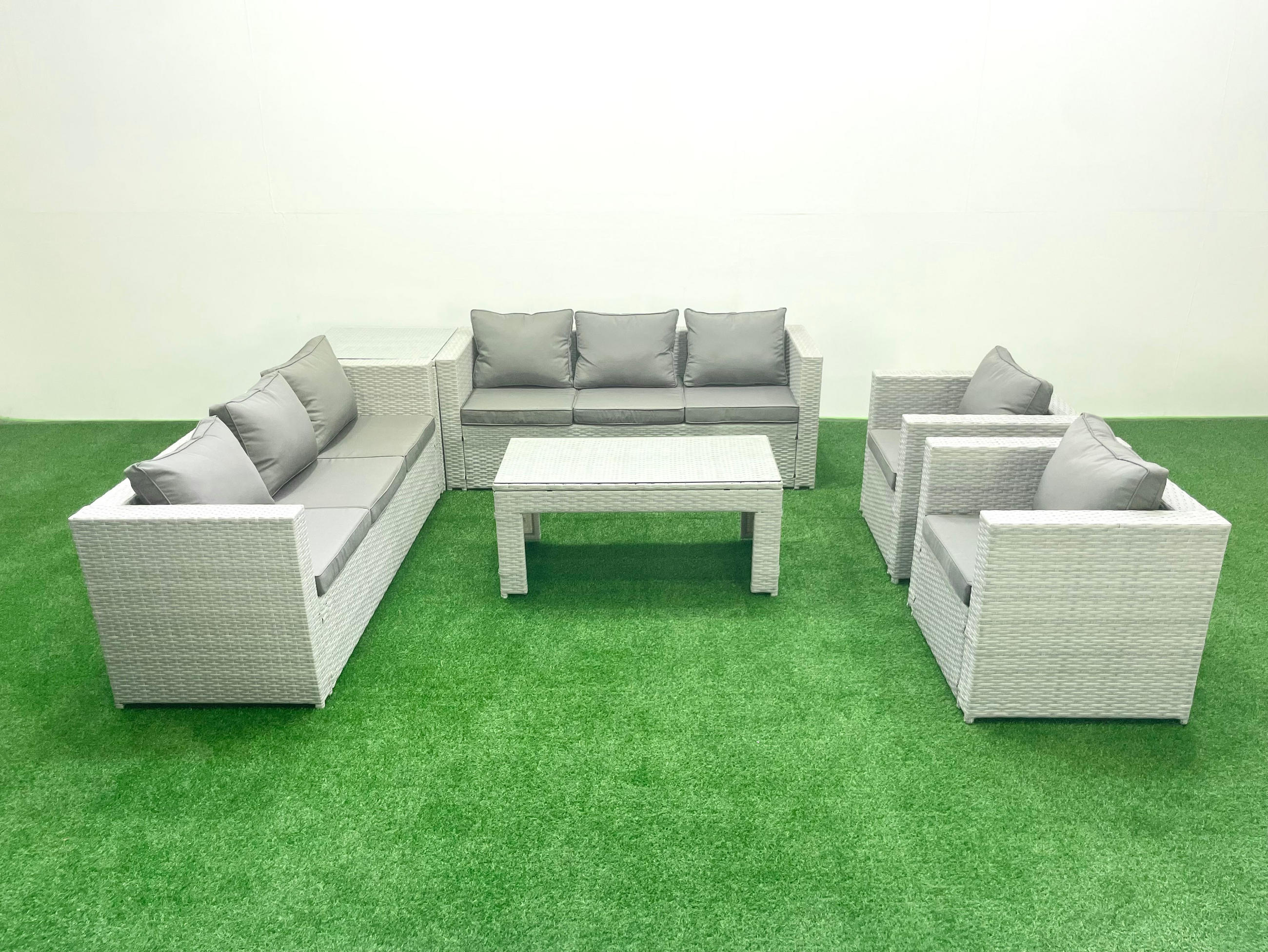 GARTENSOFA hohe Rückenlehne Polyrattan Hellgrau-Mix 8-Sitzer - Hellgrau/Grau, Glas/Kunststoff - Fimous