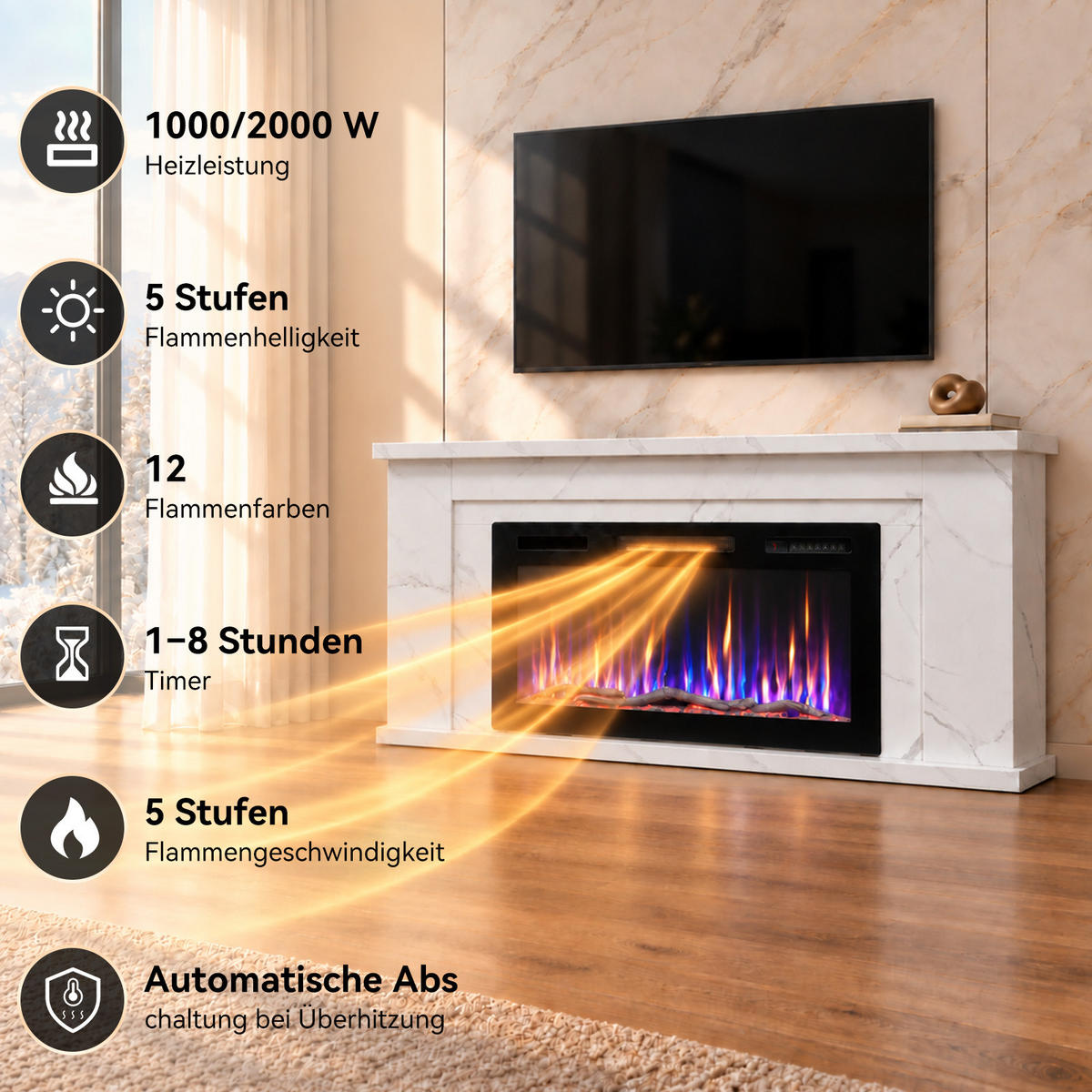 ELEKTROKAMIN mit Schrank, , 36 Zoll, 1000/2000 W Heizleistung, Steuerung über App - Weiß, Holzwerkstoff (27.5/66/152cm)