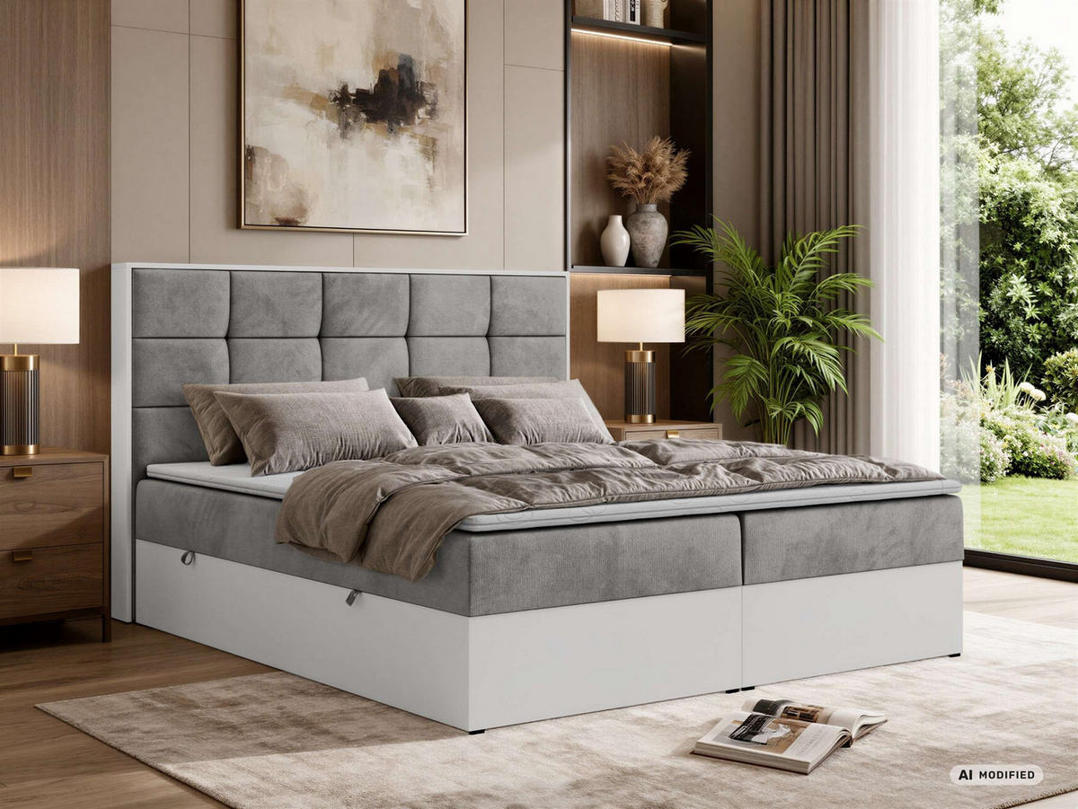 BOXBETT ALVIT 200/200 - Hellgrau Velvet - Topper Visco - H3 - Hellgrau/Schwarz, Kunststoff/Textil (200/200cm) - MKS