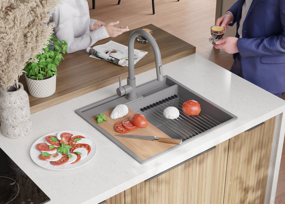 GRANITSPÜLE Oslo Pocket, 2-er set Grau 58/53 cm 1 Becken + Küchenarmatur 40/20 cm + Ablauf-Set + Küchenzubehörset ab 60er Unterschrank - Chromfarben/Beige, Kunststoff (58/20/53cm) - Primagran