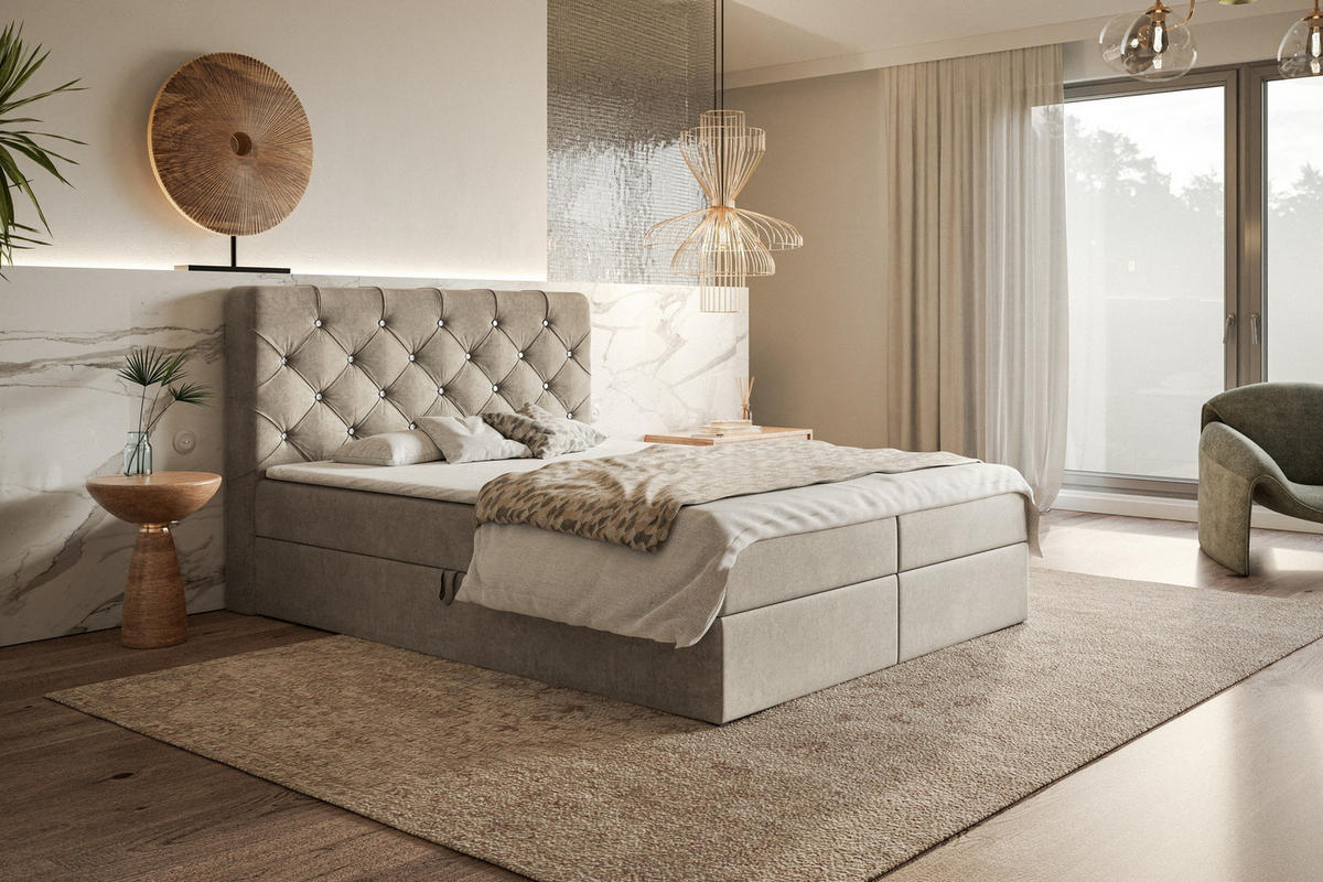 DOPPELBETT mit Matratze 140x200 Polo, Kristallknöpfen, Bettkasten, Beige - Beige, Holz/Textil (140/200cm) - Emporius