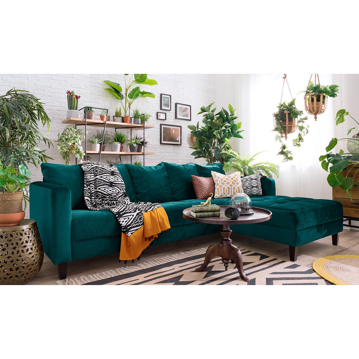 ECKSOFA mit Ottomane - Samt - Türkis, Textil (254/165cm) - home24