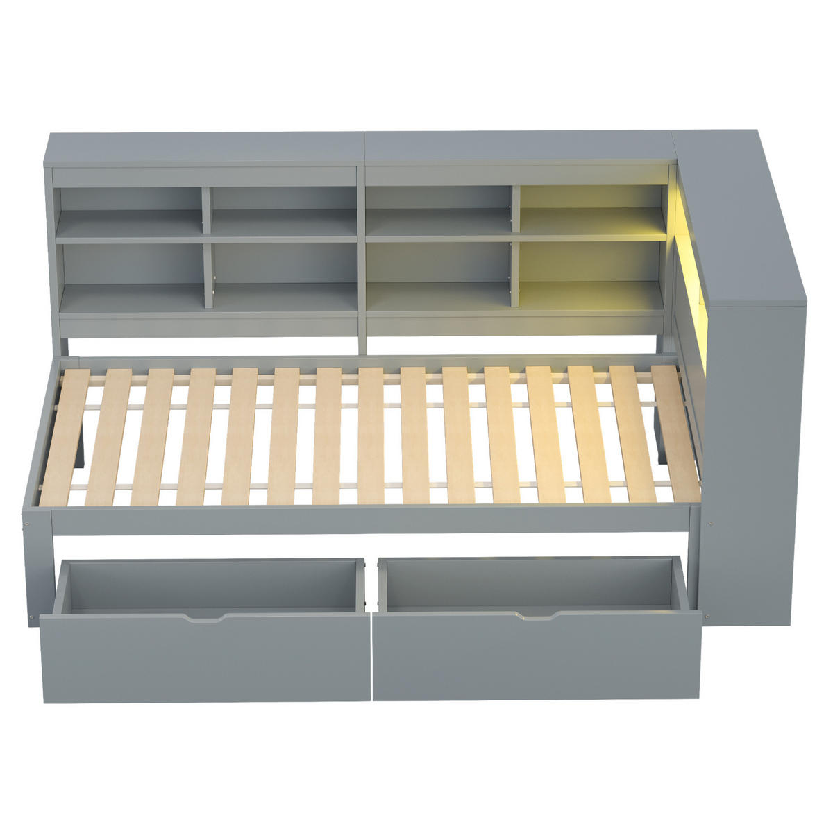MULTIFUNKTIONSBETT 90/200 cm Grau mit Ablagefächern und USB-Steckdose mit LED-Beleuchtung - Grau, Holzwerkstoff (90/200cm) - OKWISH