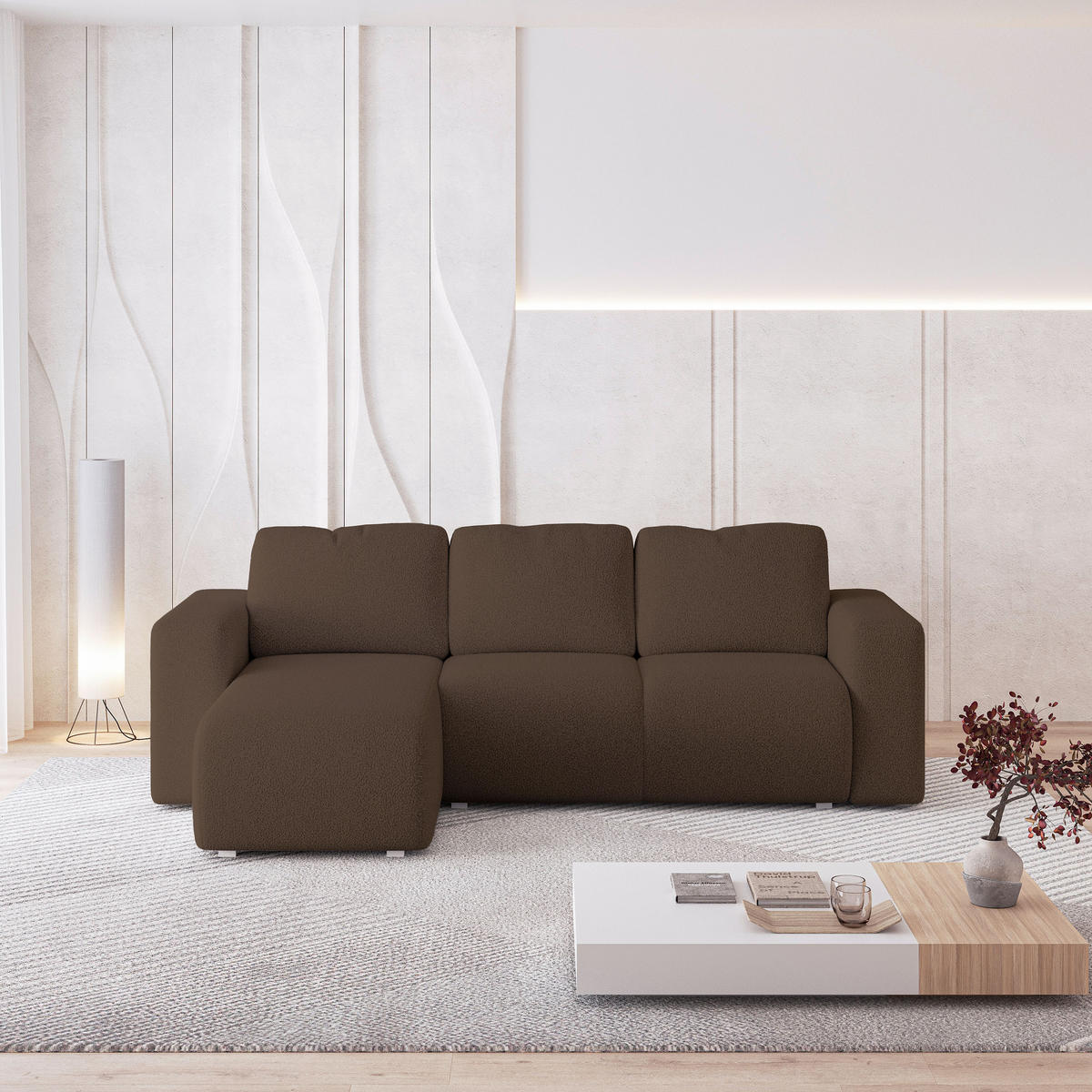 ECKSOFA RINOVA Braun Boucle-Stoff mit Schlaffunktion - Braun, Holz (250/143cm) - MASSENO