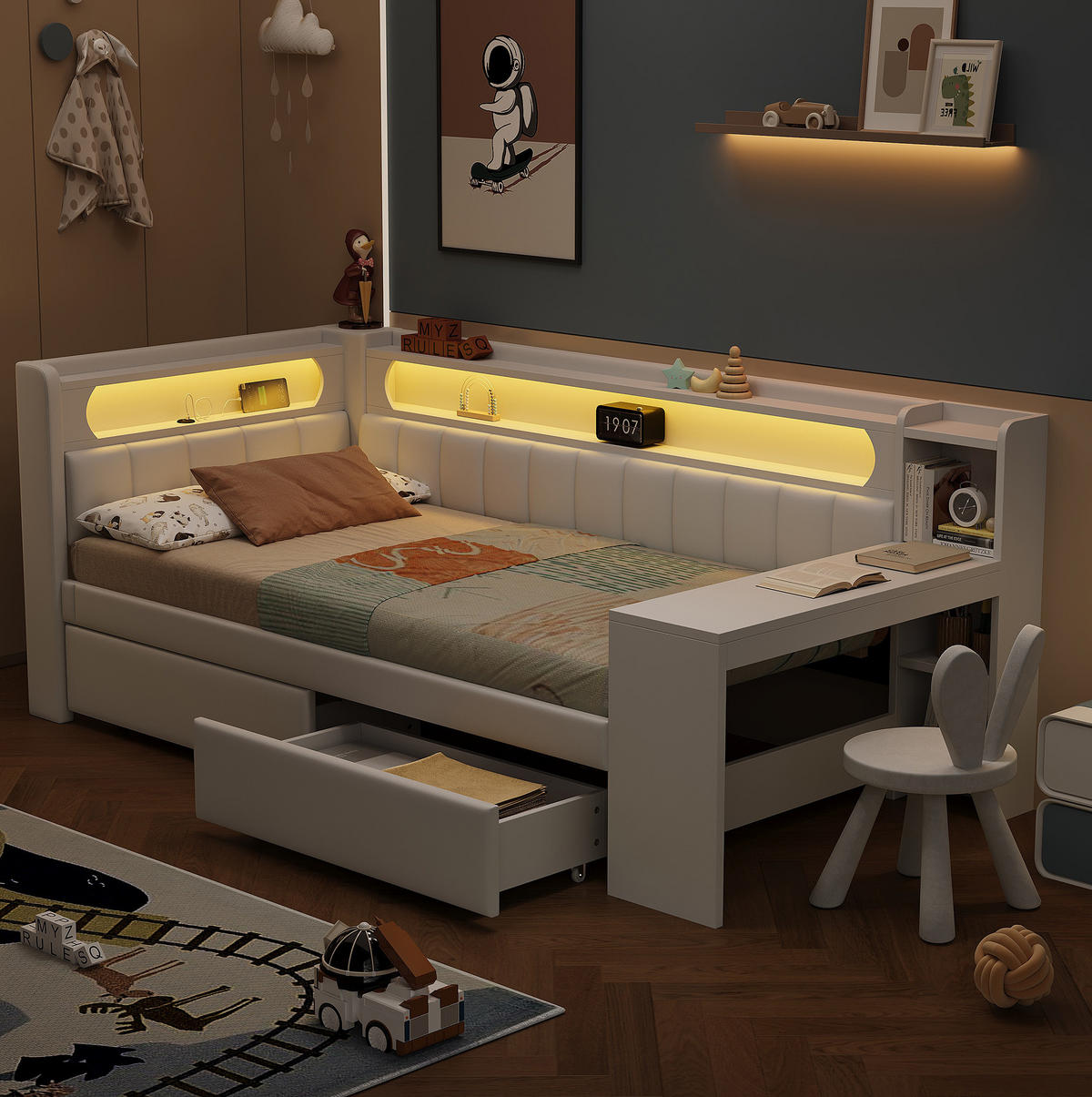 ČALOUNĚNÁ postel s LED osvětlením, 140/200 cm, šedá lněná látka, USB-C a úložný prostor - šedá, textil (140/200cm) - Modenvie