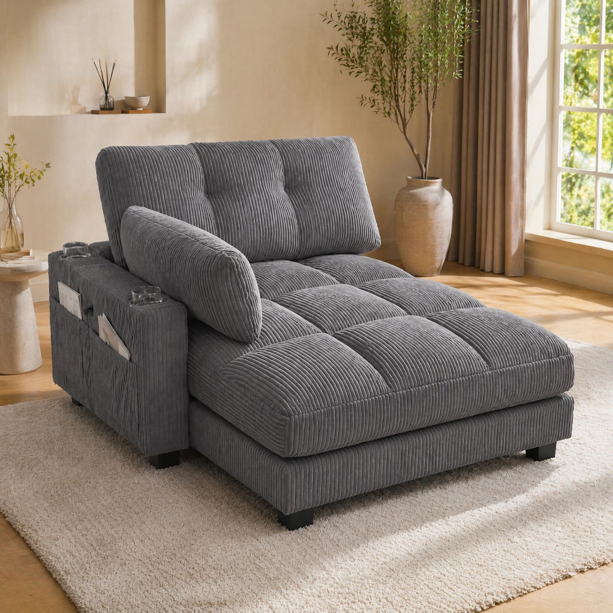 SESSEL 1-Sitzer in Grau aus Cord 140/112/81 cm mit USB - Schwarz/Grau, Holzwerkstoff/Kunststoff (112/81/140cm) - CHICFURN
