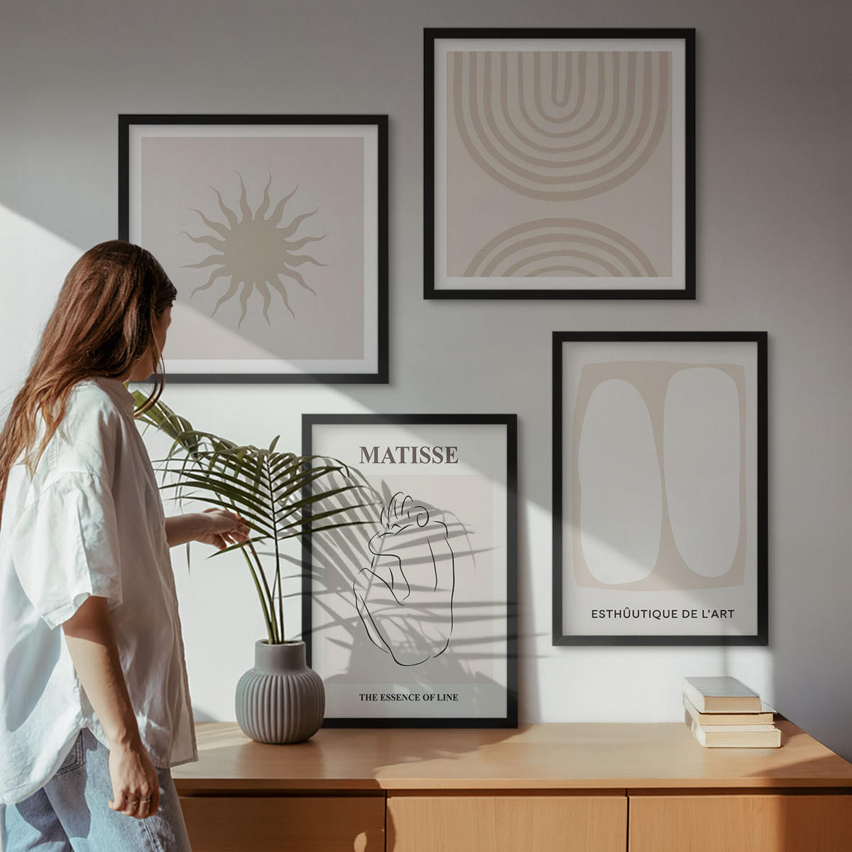 BILDER SET 4er Set - 50x50 cm & 40x60 cm Schwarzer Rahmen - Stilvolle minimalistische Linien - Schwarz, Kunststoff (50/50cm) - TULUP