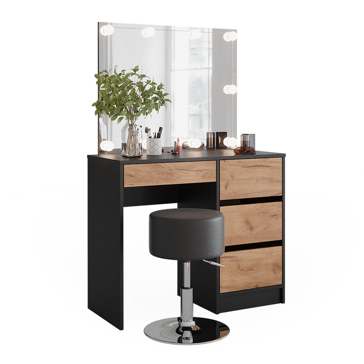 SCHMINKTISCH Sherry Anthrazit/Goldkraft Eiche 90 x 75 cm mit Spiegel, LED-Beleuchtung & Hocker - Anthrazit/Eiche Wotan, Holzwerkstoff (90/75/40cm) - Vicco