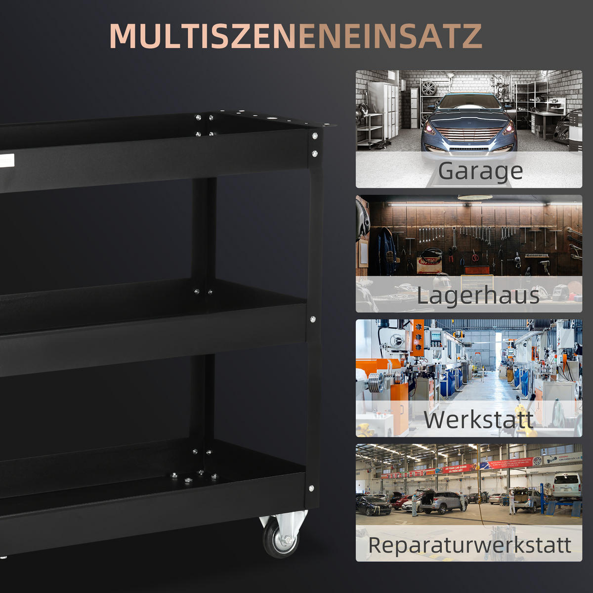 WERKZEUGWAGEN DE-09495 3-stufig mit 4 Rollen Schwarz - Schwarz, Metall (35.3/76/83cm) - ComfortXL