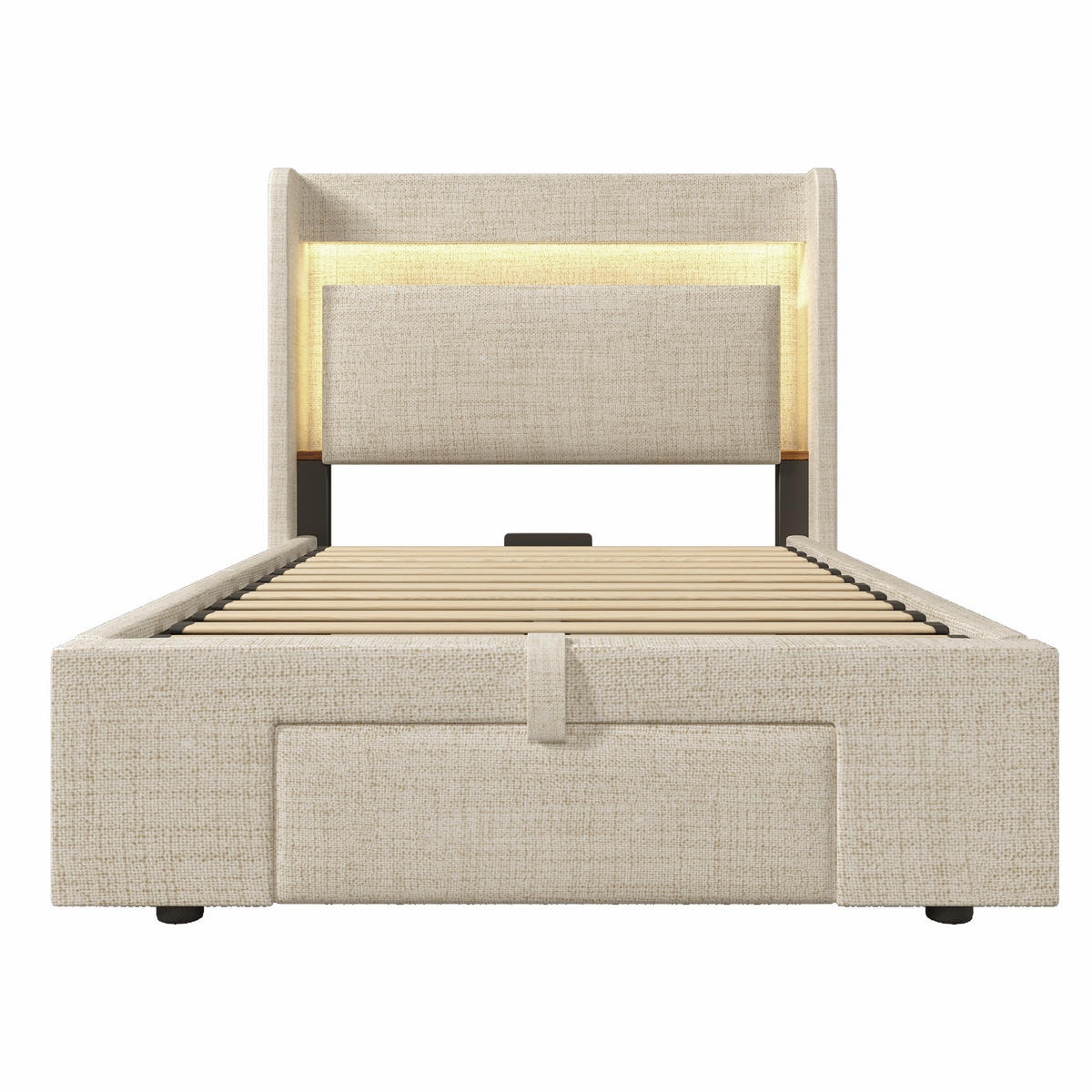 POLSTERBETT aus Leinen 90x200 cm Beige mit Bettkasten, Schublade, LED-Beleuchtung und USB-Anschlüssen - Beige, Textil (90/200cm) - IVMEU