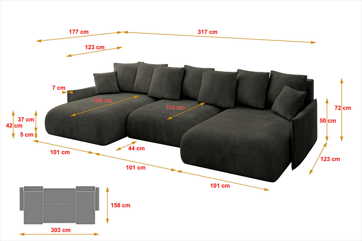 WOHNLANDSCHAFT mit Schlaffunktion und Bettkasten ONESK-U-v1 317x177x72 Schwarz Velours - Schwarz, Holzwerkstoff/Kunststoff (317/72/177cm) - ALTDECOR