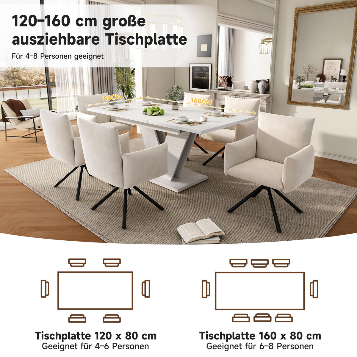 AUSZIEHTISCH Weiß 120-160/80/75 cm - Weiß, Holz (80/160/75cm) - PANGIVO
