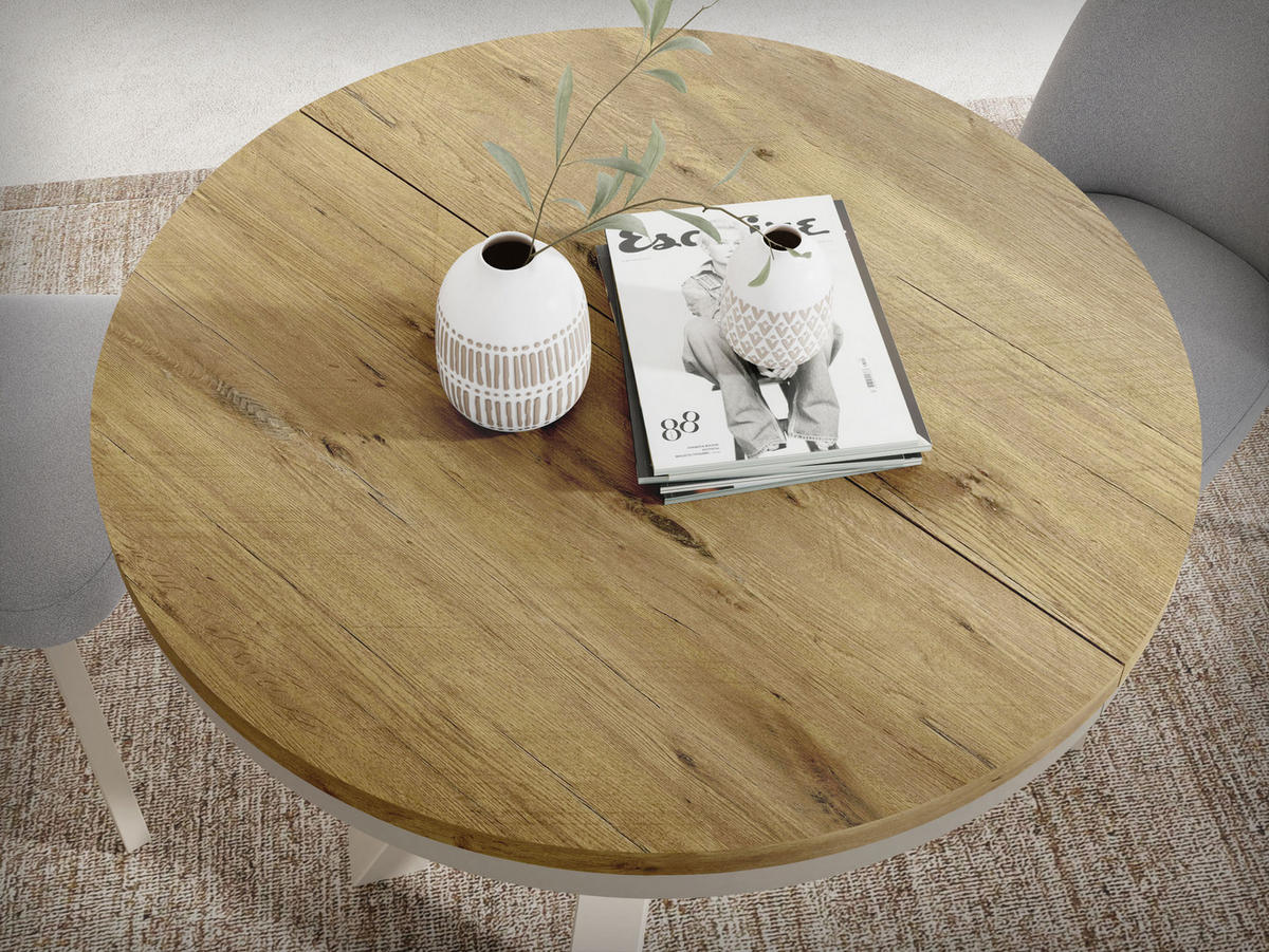 ESSTISCH Clara Beige Cashmere runder ausziehbarer, Lancelot Eiche 120-200/120/76 cm - Kaschmir/Eichefarben, Holzwerkstoff/Metall (120/120/76cm) - WFL GROUP