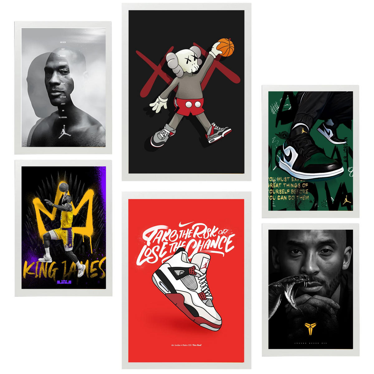 POSTER Set Mit 6 Ikonischer Basketball König James Jordan Nike A3 & A4 Weißer Rahmen - Weiß, Papier (29/3cm) - Nacnic